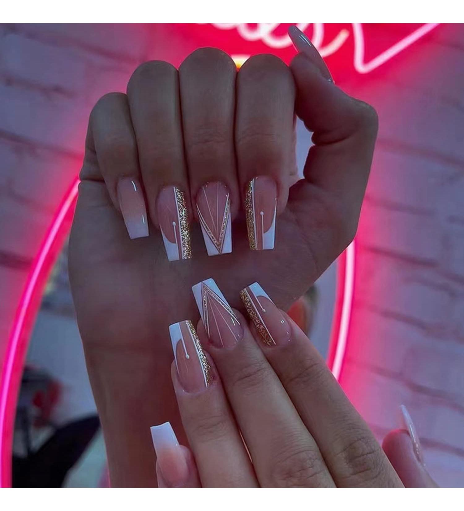 24Pcs Glitter French Press On Nails - Medium Coffin False Nails for Women - Almond Shaped Acrylic Stick On Nails - Buy Online on GoSupps.com