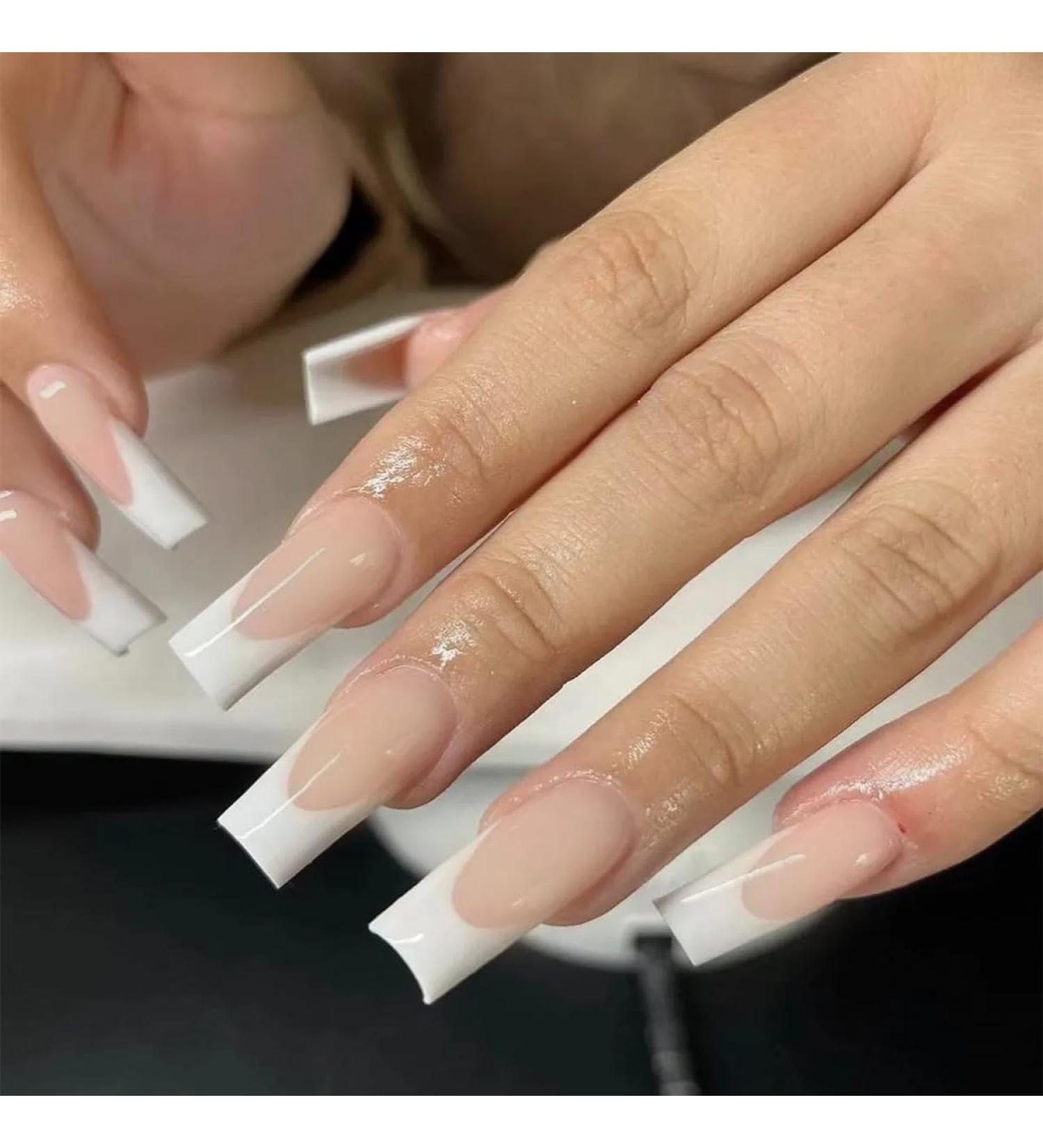 Mouyouglow Press-On Nails - Medium Ballerina Nude Pink & White French Fake Nails with Glue | Glossy Artificial Fingernails - Buy Online on GoSupps.com