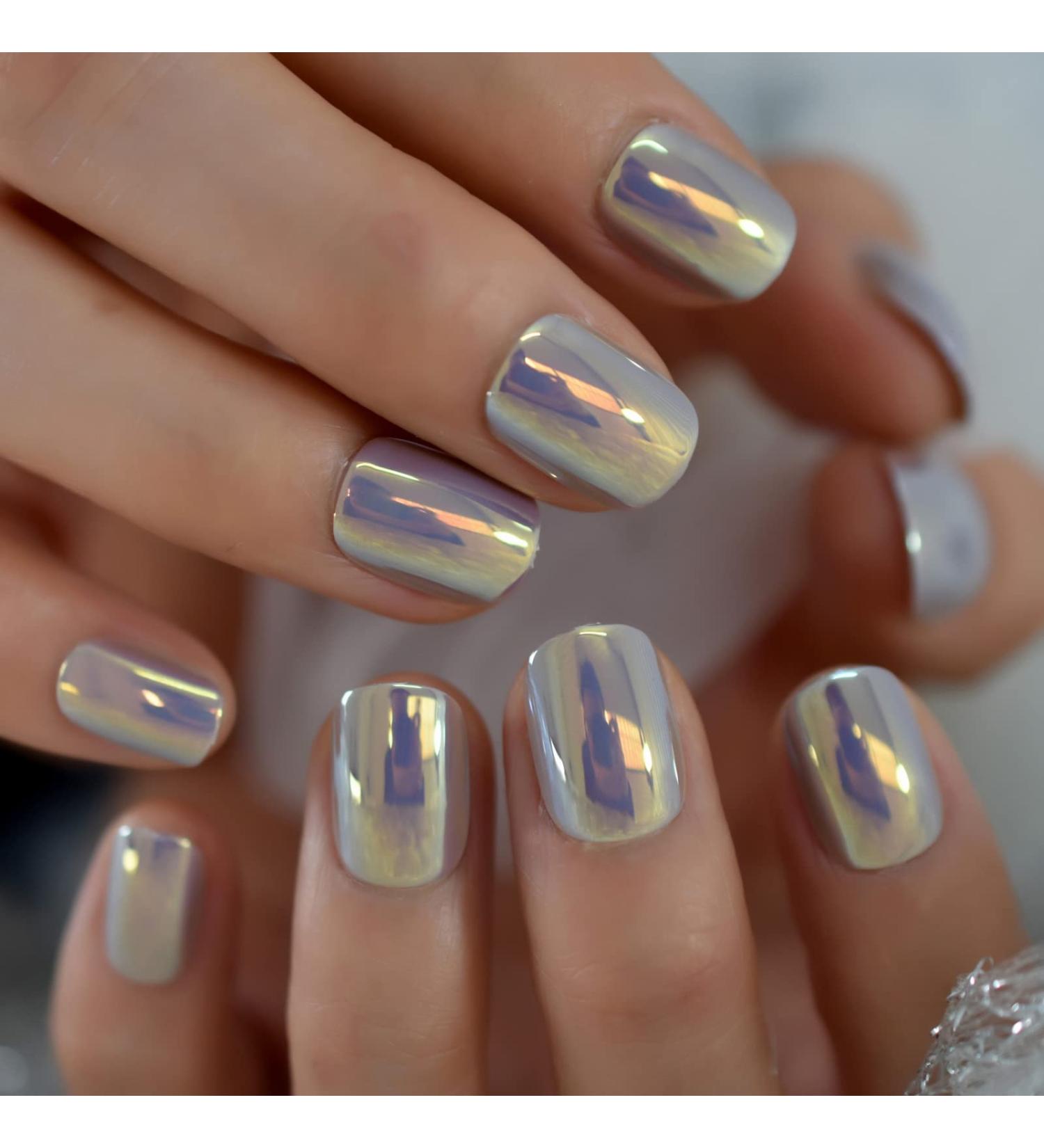 Chrome Holo Mirror False Nails - Metallic Punk Style Squoval Reusable Nails | iBeautying Press on Nails - 24 Nail Kit with Jelly Glue Pad - Buy Online on GoSupps.com