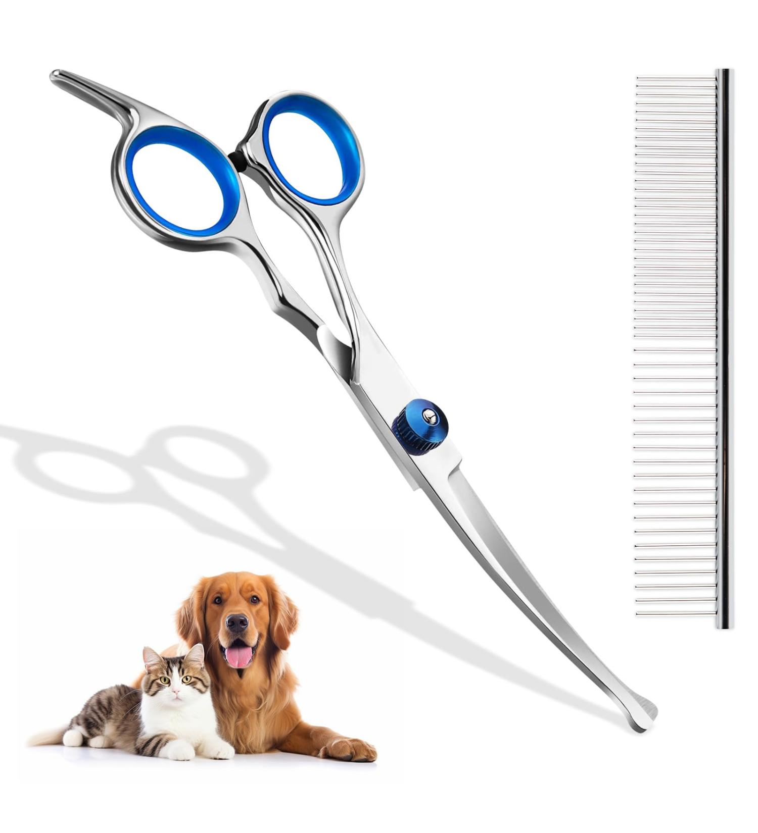 Curved Stainless Steel Fell Scissors for Dogs & Cats | Professional Grooming Scissors Set with Pet Comb - Blue - Buy Online on GoSupps.com