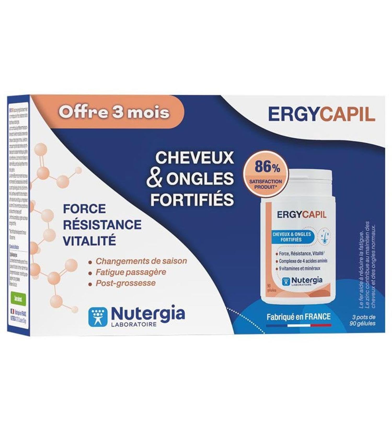 Nutergia – Fortified hair and nails – Strength – Resistance – Vitality – Food supplement – ??Case of 3 jars of 90 Capsules – Made in France