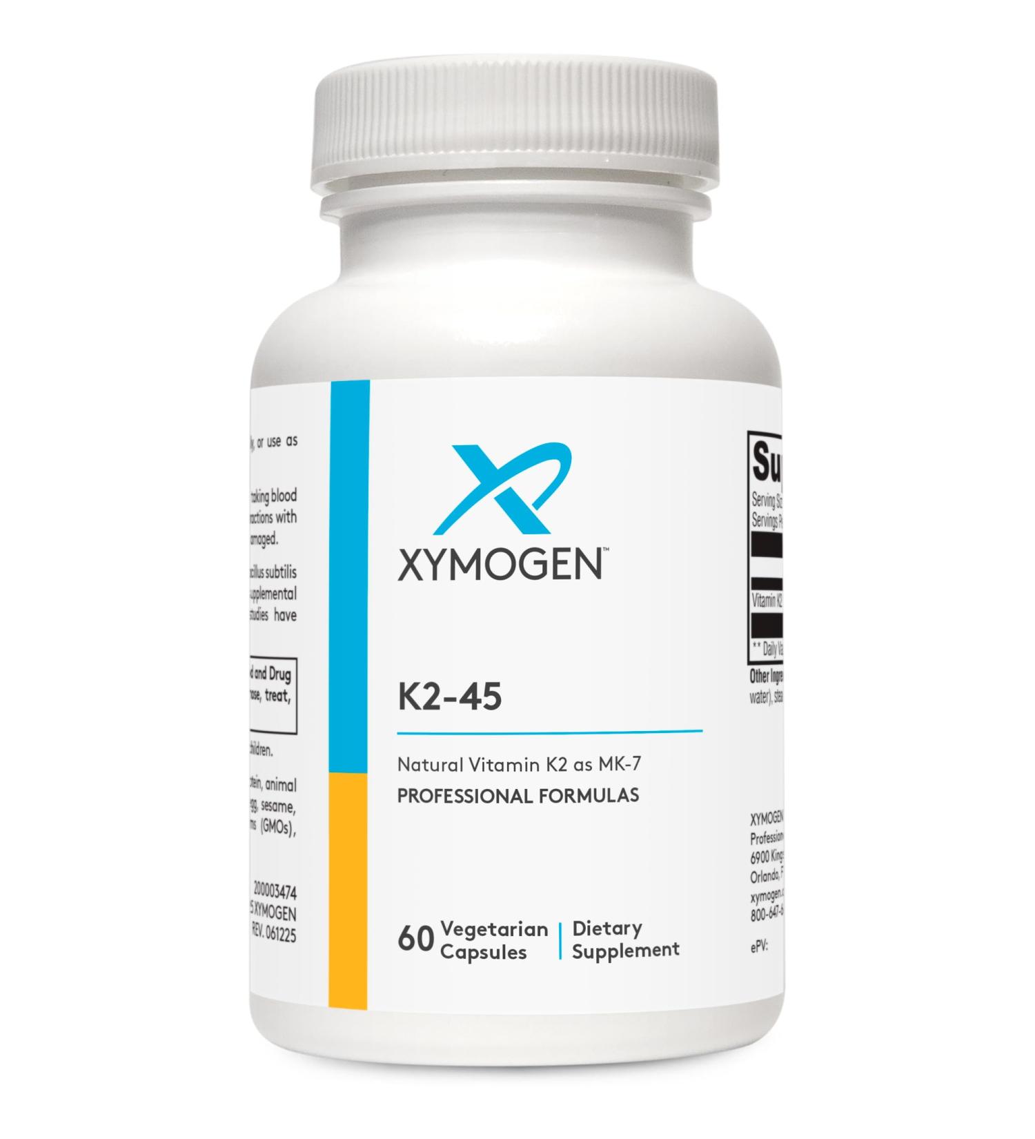 XYMOGEN K2-45 Vitamin K - Vitamin K2 MK-7 Derived from Non-GMO Soybeans - The Most Bioavailable Form of K2 Available - Supports Cardiovascular + Bone Health (60 Capsules) - Buy Online on GoSupps.com