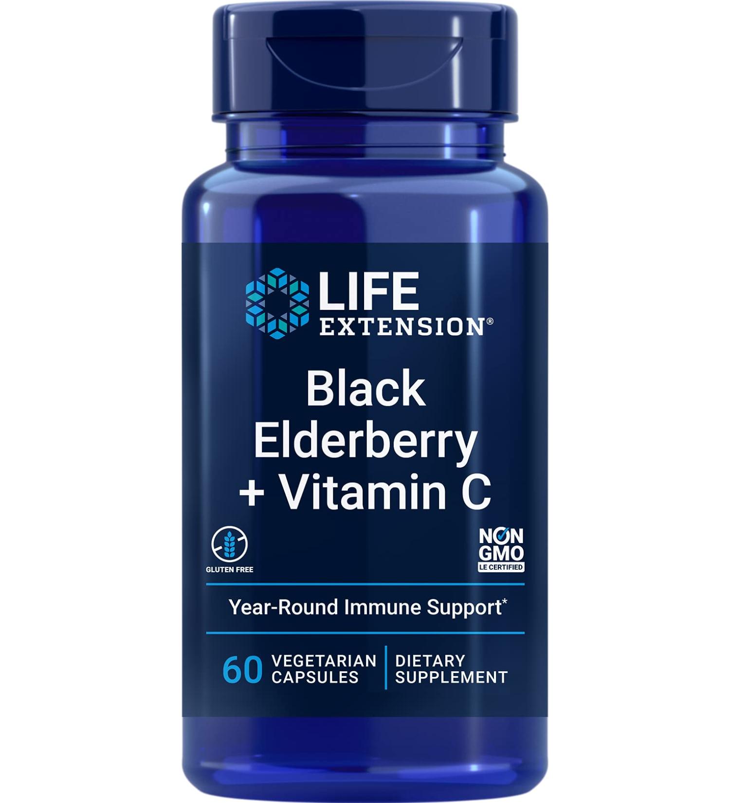 Life Extension Black Elderberry & Vitamin C - 60 Vegetarian Capsules | Immune Support - Buy Online on GoSupps.com