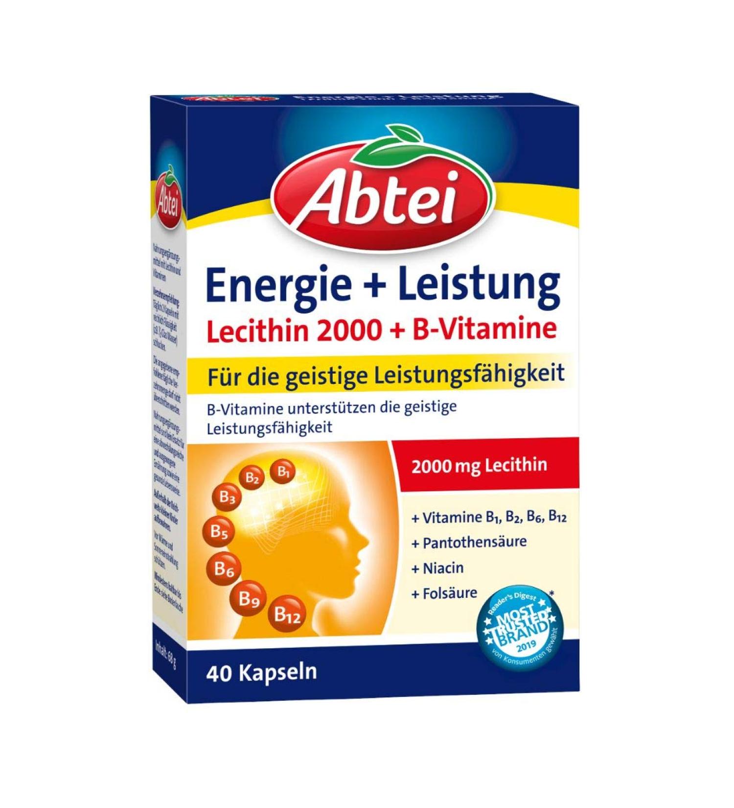 Abbey Energy & Performance - 2000 mg Lecithin + 7 B Vitamins | High-Dose Dietary Supplement for Focus & Mental Performance - 40 Capsules (1 Pack) - Buy Online on GoSupps.com