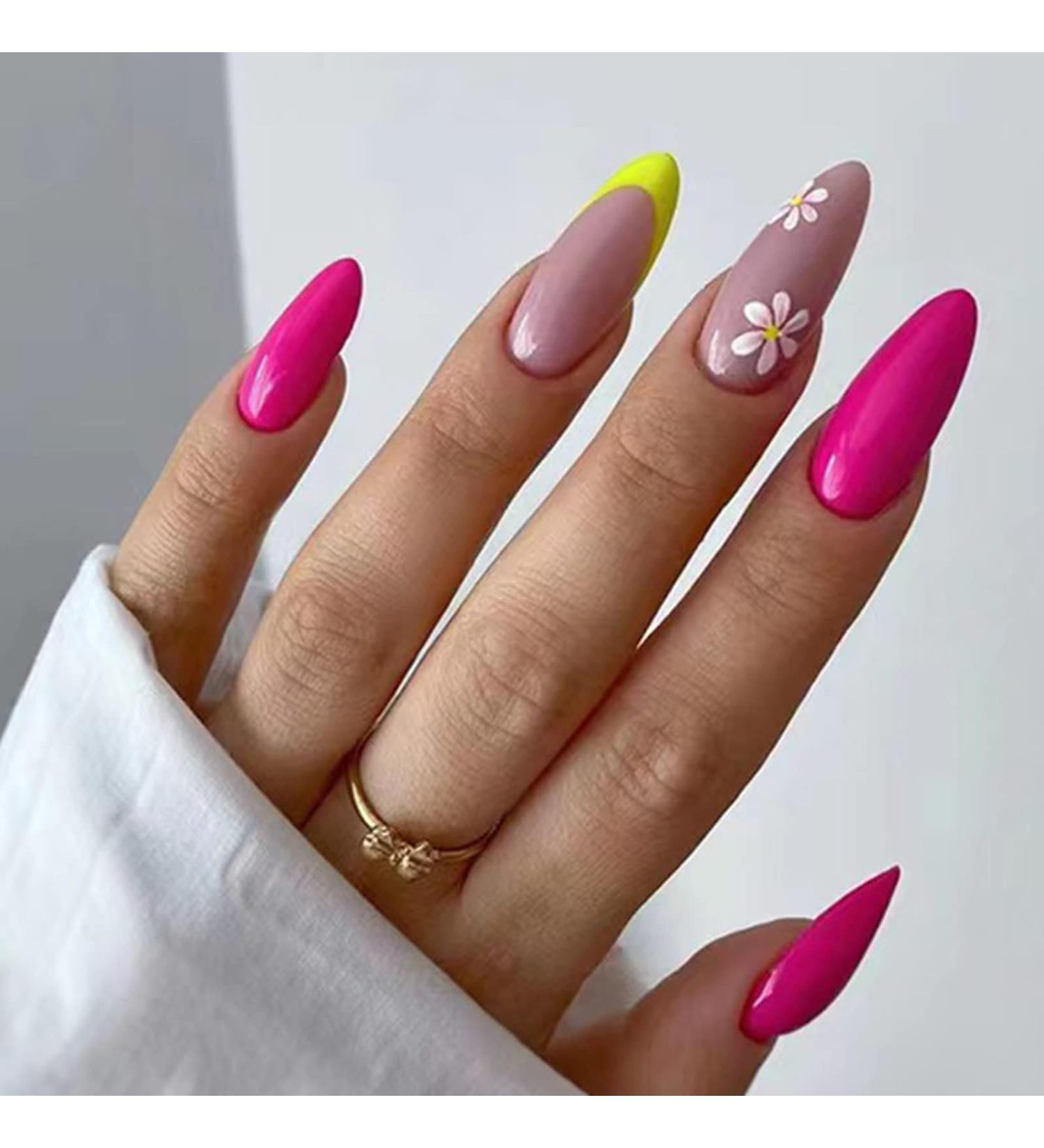 Justotry 24-Piece Short Press-On Nails Set | Yellow French & Red Acrylic Fake Nails with Flower Designs for Women & Girls - Buy Online on GoSupps.com