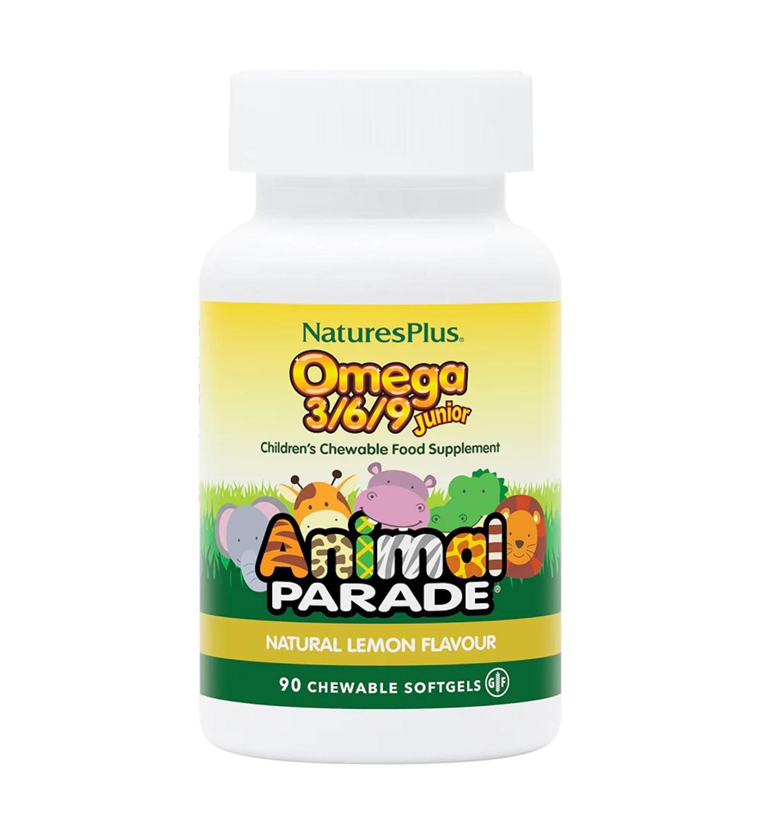 NaturesPlus Animal Parade Omega 3 6 9 Junior 90 Softgels - Plant & Fish Oil for Kids - Brain Health - Lemon Flavour - Gluten Free - Buy Online on GoSupps.com