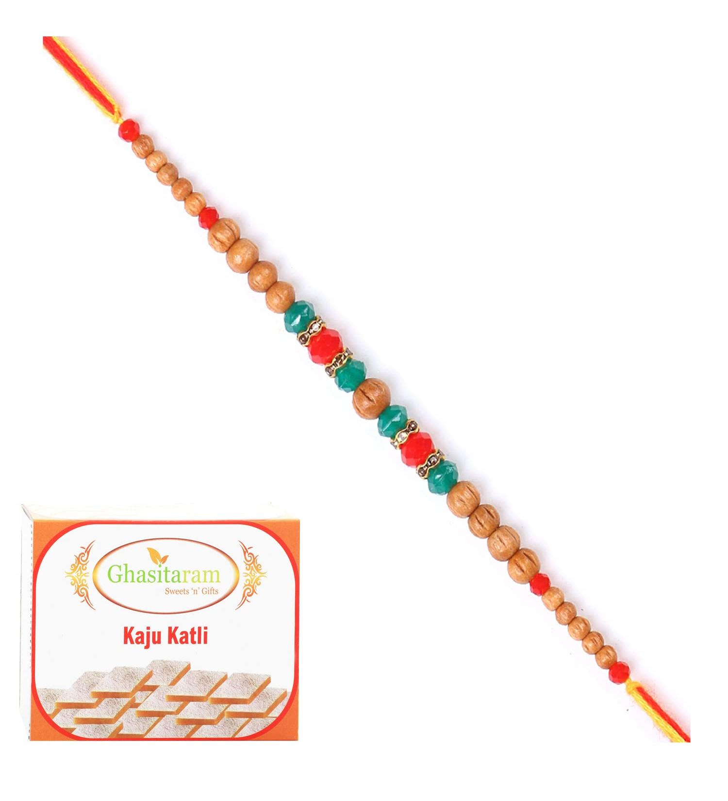 Ghasitaram Gifts Rakhi for Brother Rakhis Online - 6480 Fancy Thread Rakhi with 200 GMS of Kaju katli - Buy Online on GoSupps.com
