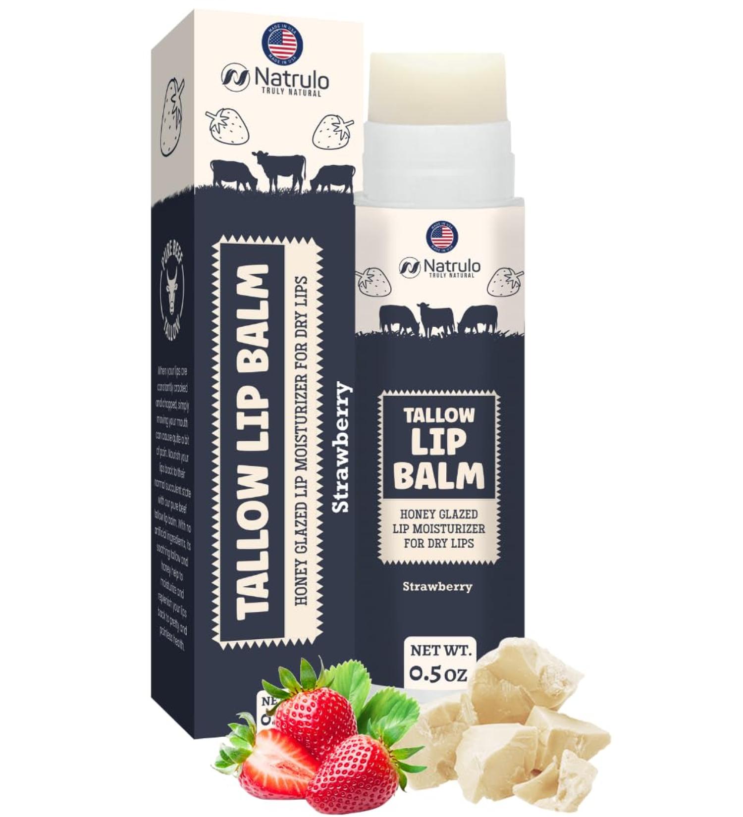 Beef Tallow Lip Balm Natural Tallow Beeswax Chapstick Hydrating Moisturizer Grass Fed Tallow Balm Care Soothes Chapped Dry Lips Sensitive Skin Long Lasting Vitamin Rich USA-Made Strawberry - Buy Online on GoSupps.com