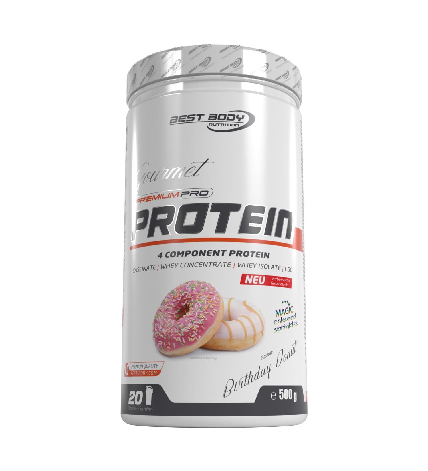 Best Body Nutrition Gourmet Pro Protein - Birthday Donut Flavor Premium 4-Component Protein Shake 500g Can International Shipping - Buy Online on GoSupps.com