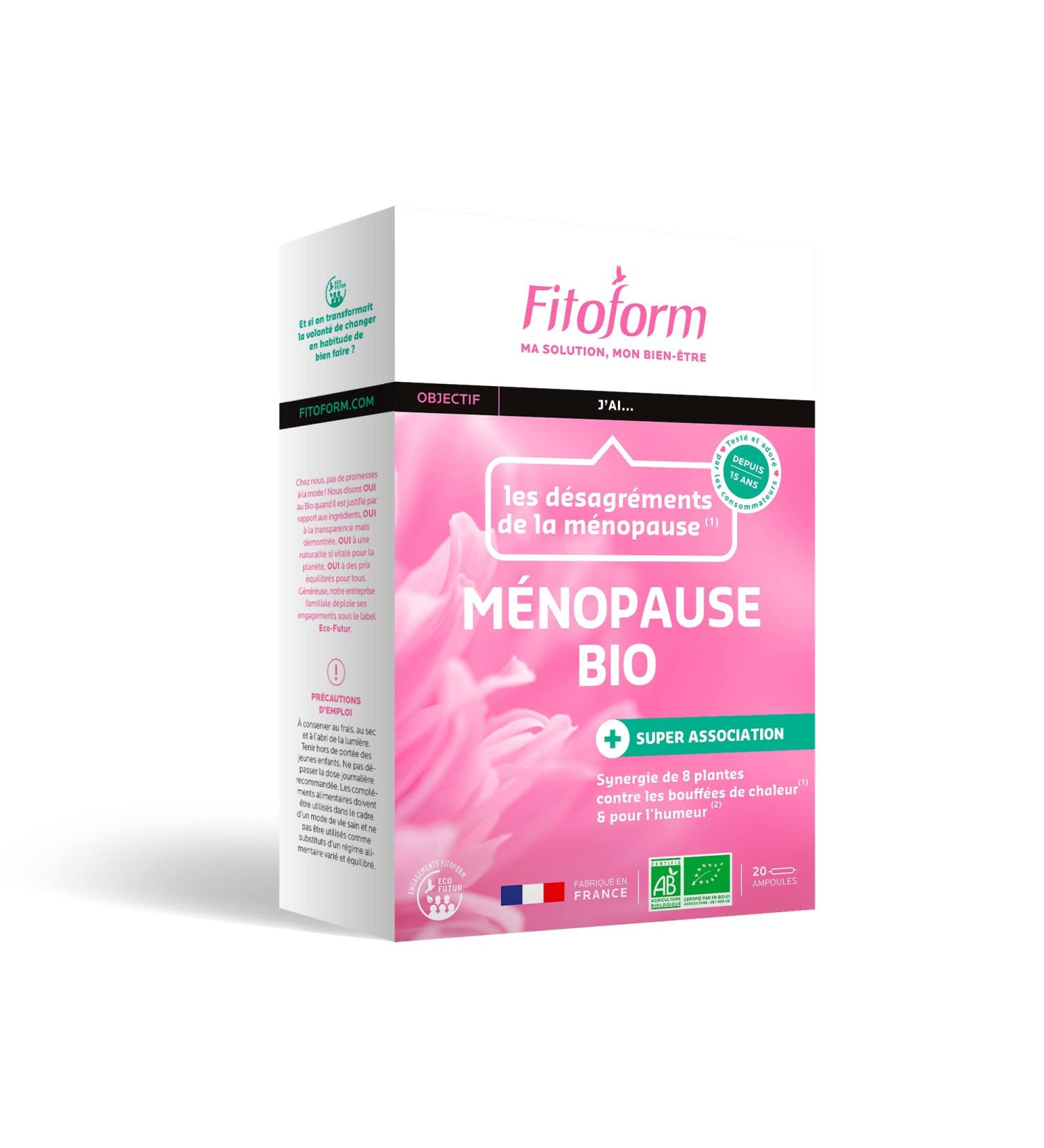 Fitoform - Organic Menopause - Synergy of 8 Plants Against Hot Flashes & Mood - Fennel Sage Lemon Balm Red Vine - 20 x 10 ml Ampoules - Buy Online on GoSupps.com