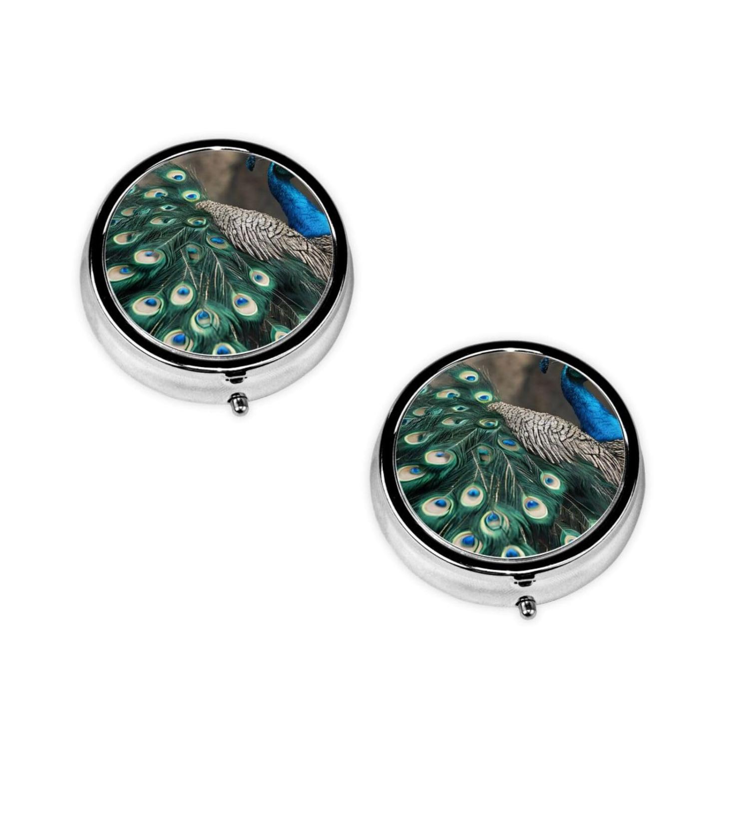 Green Peacock Feather Mini Round Pill Box | 3 Compartment Portable Pill Organizer for Travel & Home - Buy Online on GoSupps.com