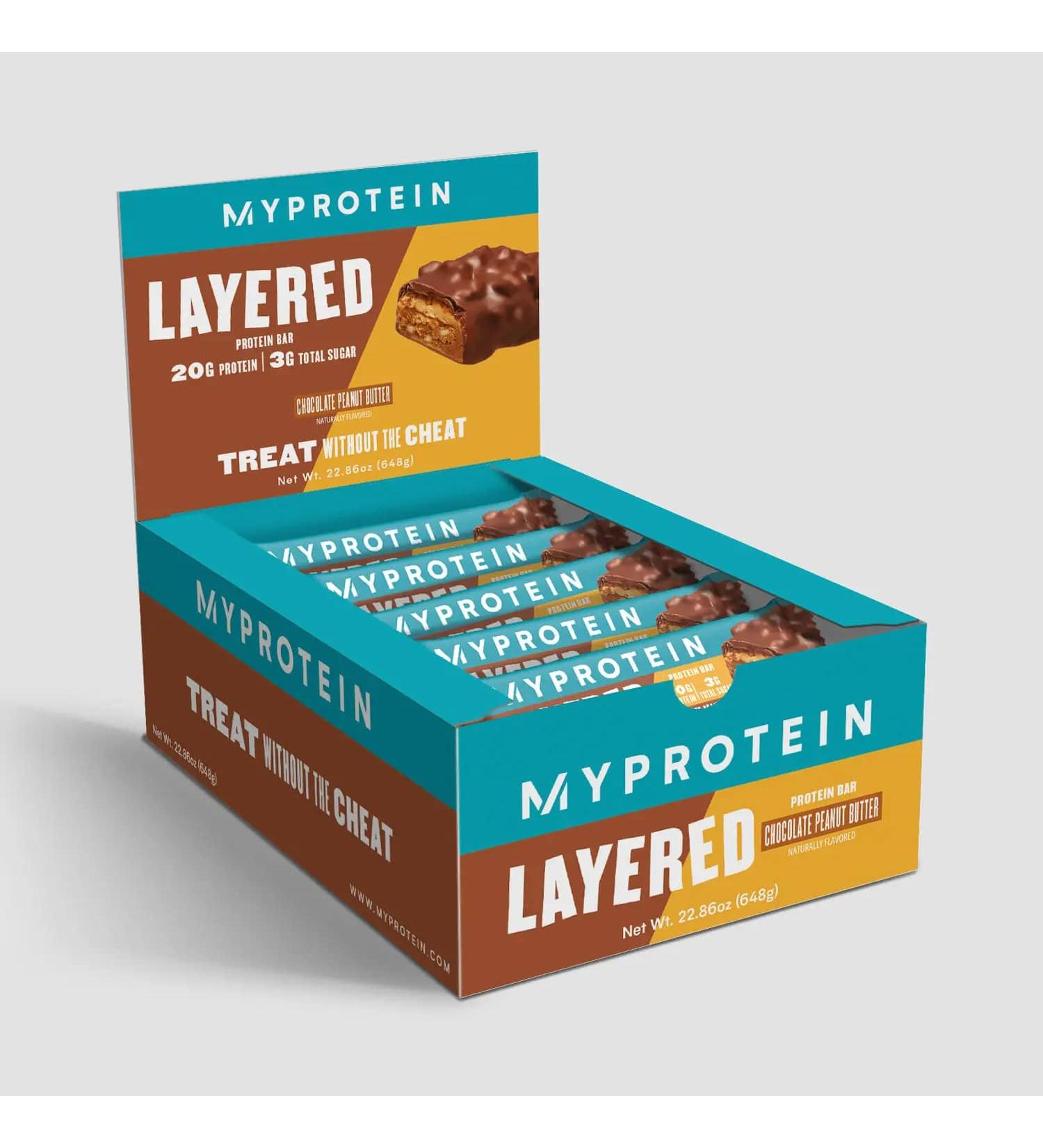 Myprotein - Protein Bars - Layered Bar High-Protein Nutritious Snacks - Low Sugar Daily Energy Muscle Support w/ 20g of Protein for Workout - Delicious Taste Snack- 12 Bars Chocolate Peanut Butter - Buy Online on GoSupps.com
