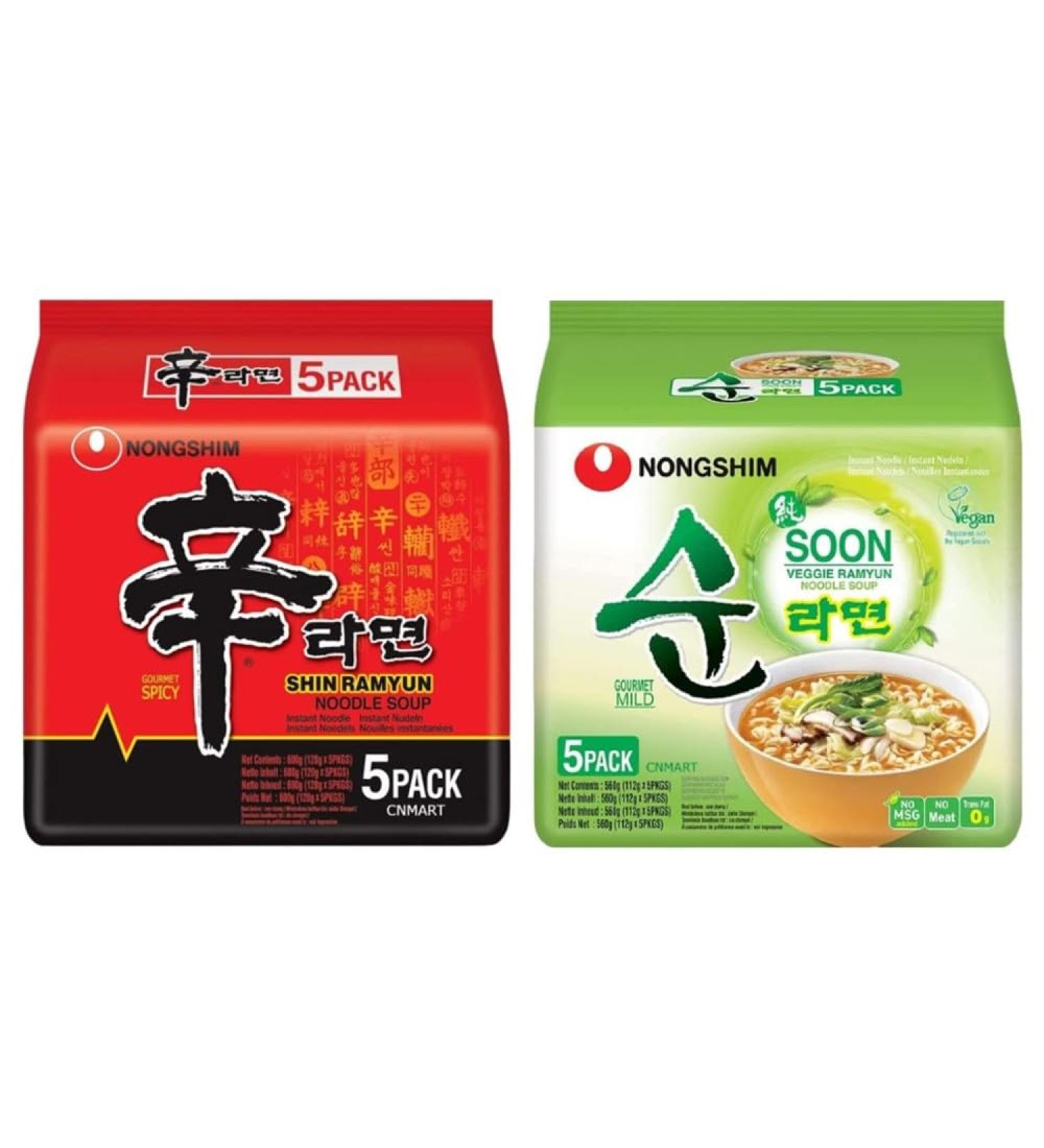 Nongshim Ramen Assorted Bundle Shin Ramyun Soon Veggie Ramyun Instant Noodle Soup 2 Flavours Box Halal (Pack of 10) by CNMART - Buy Online on GoSupps.com