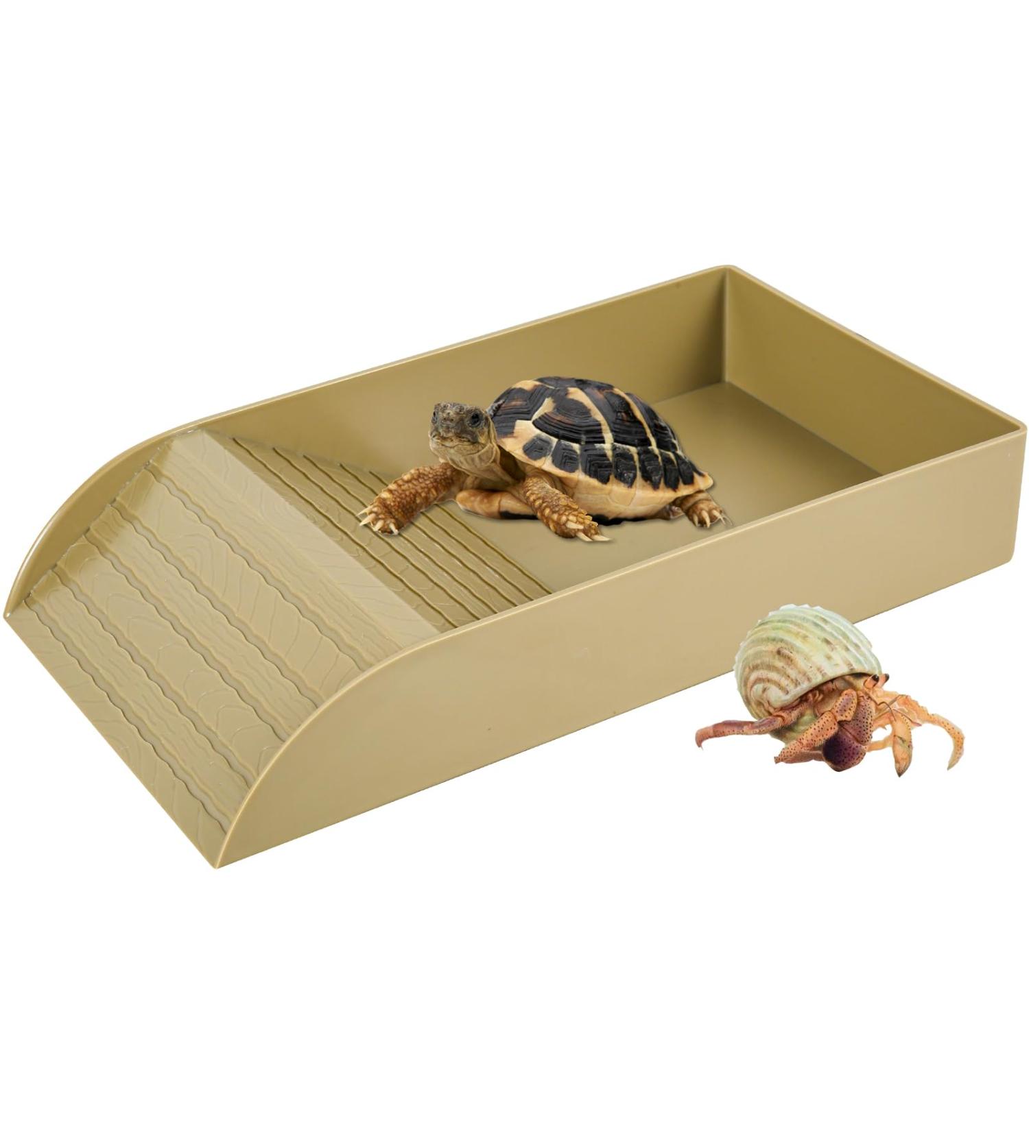 Alongen Tortoise Water Dish Tortoise Food Dish Anti Slip Reptile Pool Bowl with Ramp Reusable Reptile Pool Tortoise Habitat Accessories for Turtles Horned Frogs and Lizards(Brown) - Buy Online on GoSupps.com