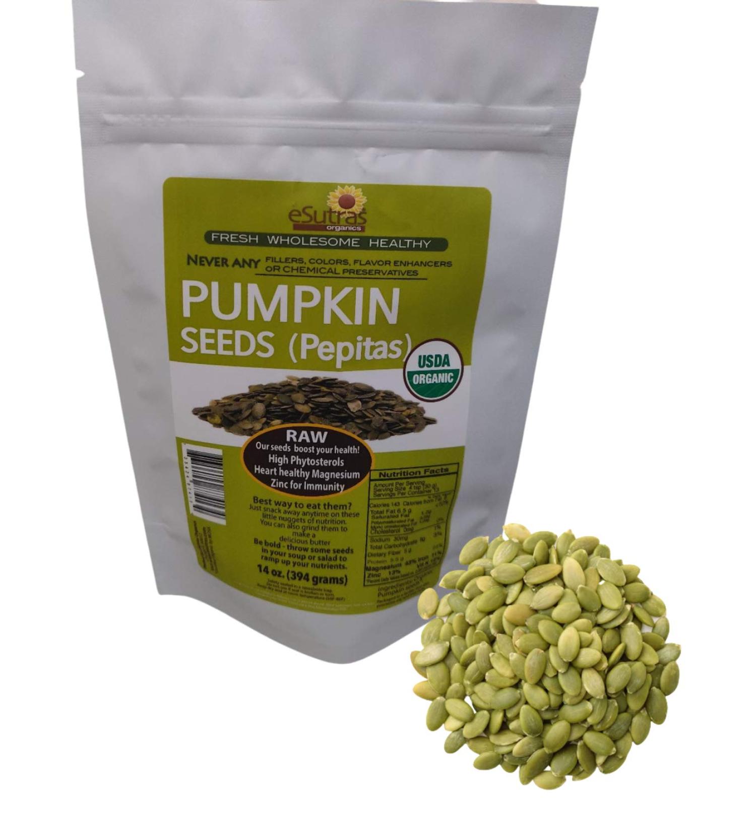 eSutras Organics Pumpkin Seeds - Fresh Pure Shelled Raw Pepitas - 14 oz - Gluten Free High Protein Snacks - Buy Online on GoSupps.com
