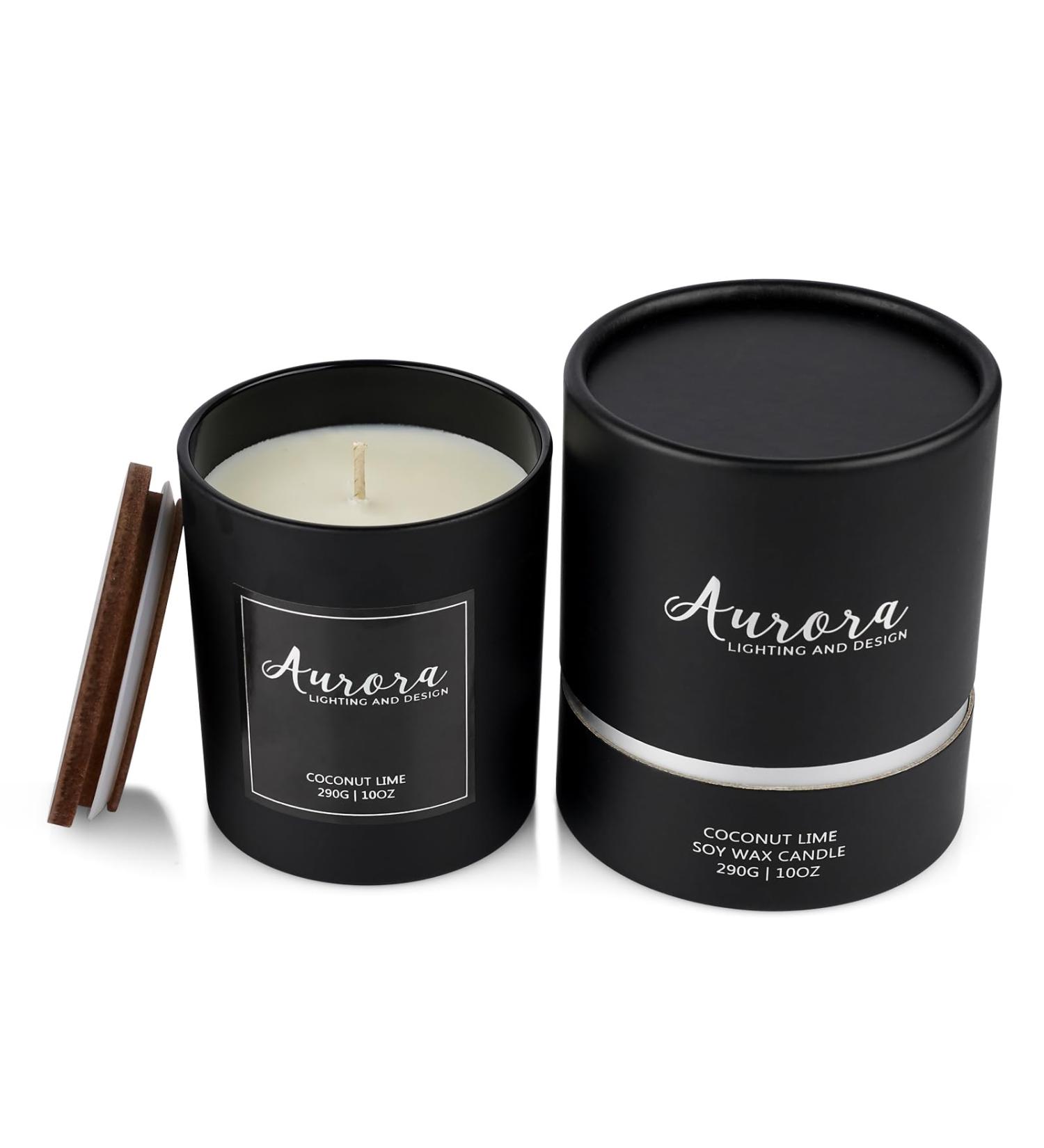 Aurora Scented Candle | Coconut and Lime Aromatherapy in a Stylish Black Jar | 10 oz of Natural Bliss and Relaxation | Gift for Men and Women | Stress Relief for Your Home and Bedroom
