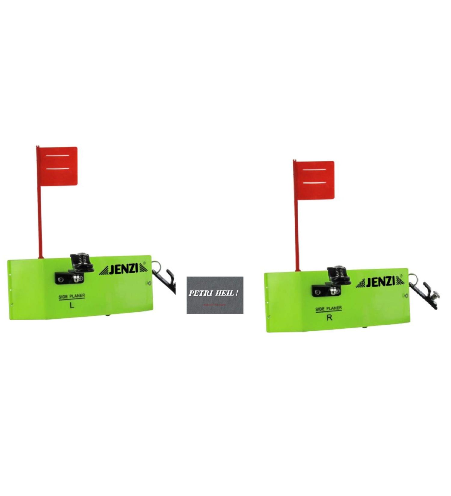Blntackle76 Trolling Set: 2 pieces Jenzi side planner with flag from Jenzi (1x left 1x right) approx. 19x8cm planner board+ free Petri Heil!sticker