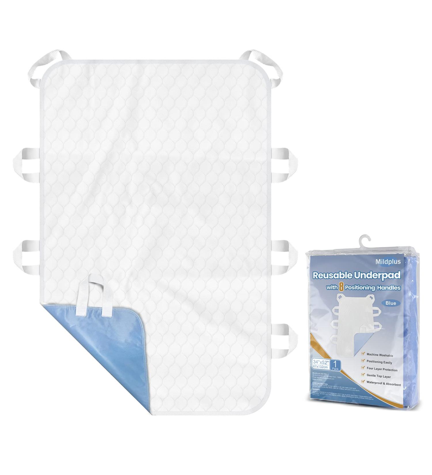 Extra Large Washable Bed Pad with 8 Handles | 34 x 52 4-Layer Leakproof Underpad for Incontinence | Reusable Chucks Pad (Blue) - 1 Pack - Buy Online on GoSupps.com