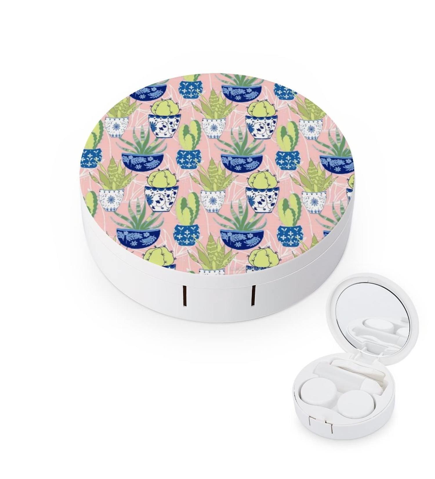 Cactus Floral Round Case For Contact Lens Kit Storage Box with Mirror Printed - Buy Online on GoSupps.com