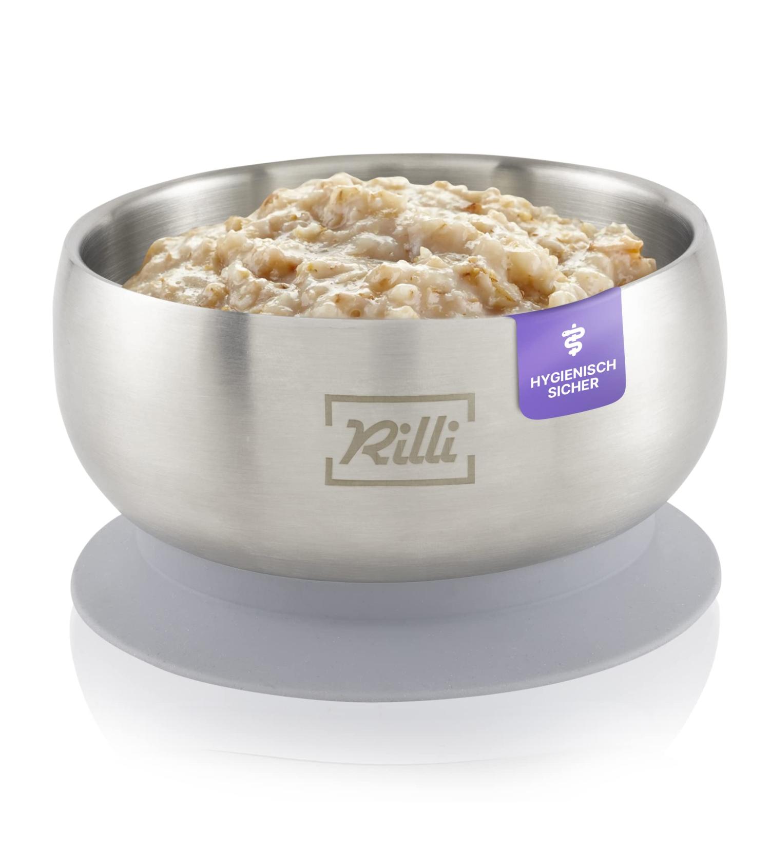 Rilli Saugnapf Bowl | Stainless Steel Baby Dish with Silicone Lid | Slip-Proof Suction Cup Bowl for Fruits & Baby Food | Modern Gray Design - Buy Online on GoSupps.com