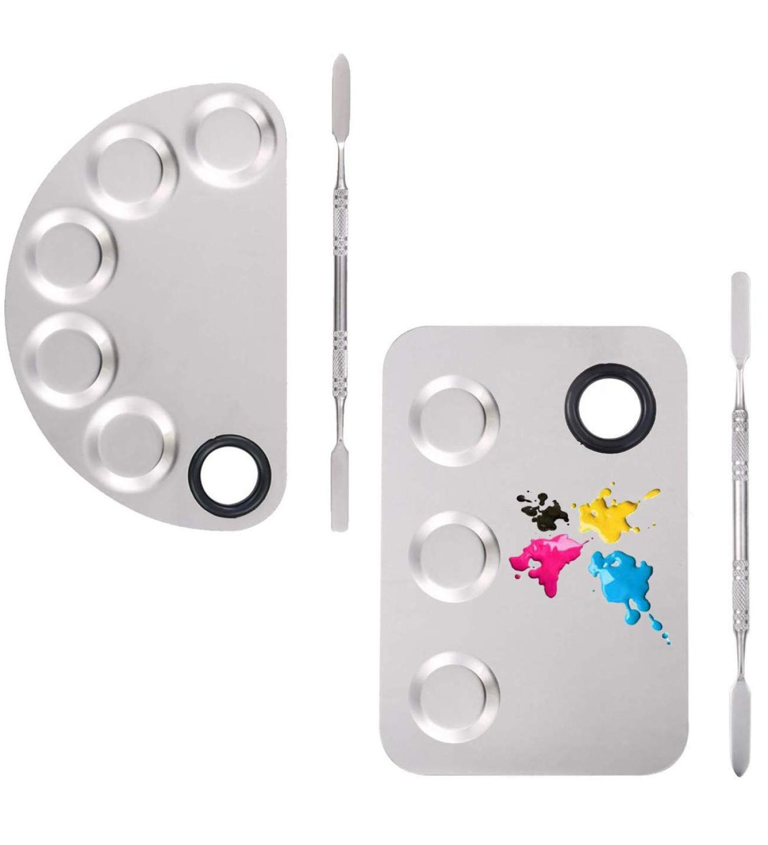 TIHOOD Stainless Steel Makeup Palette Set - 2PCS 5-well/3-well with Spatula, Ideal for Mixing Foundation, Nail-art, and Cosmetics - 6''x4'' Silver - Buy Online on GoSupps.com