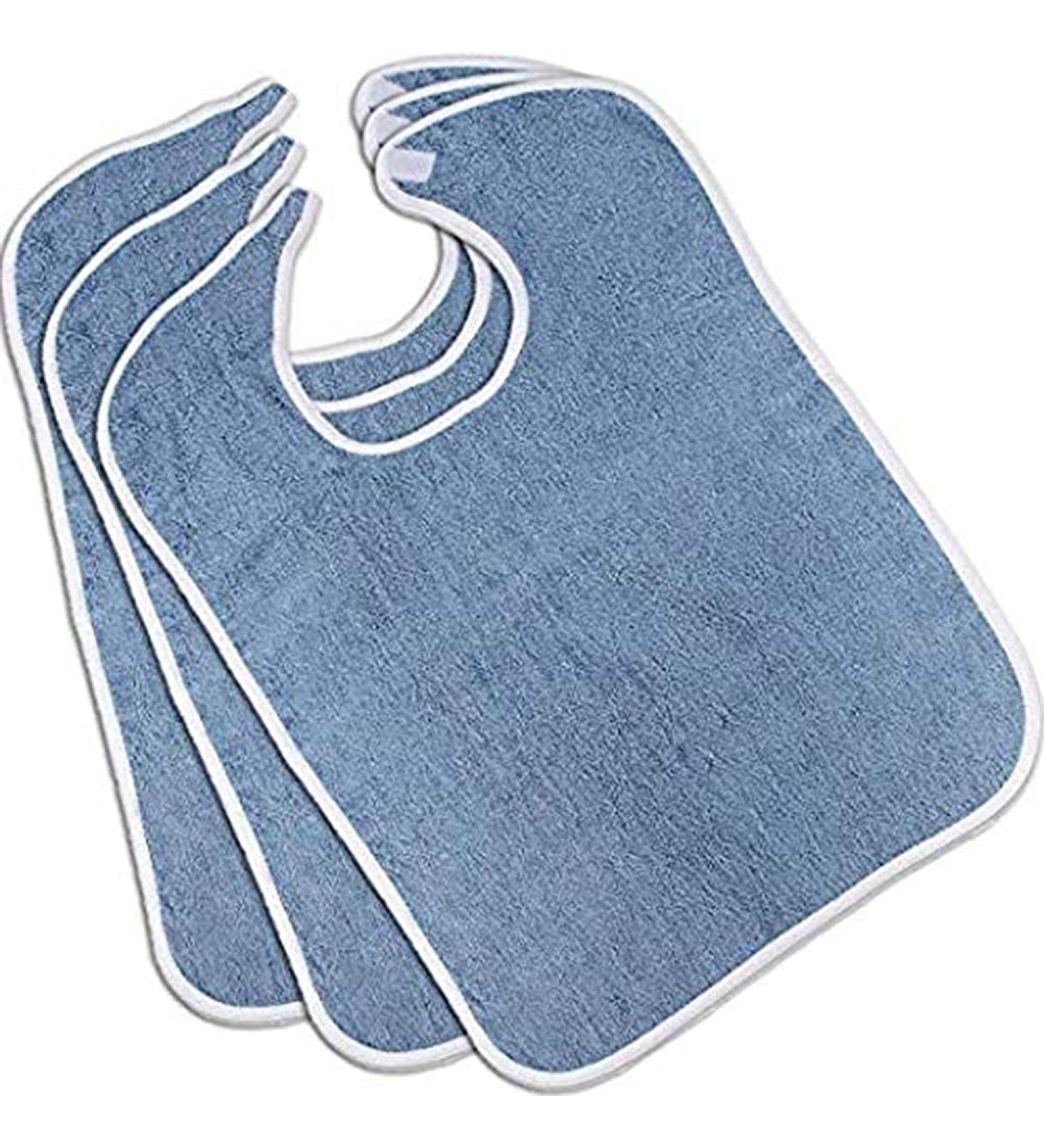 Terry Adult Bibs (3-Pack, 18 x 30 Inches) with Velcro Closure Made from 100% Cotton - Reusable/Machine Washable Patient Bibs Blue
