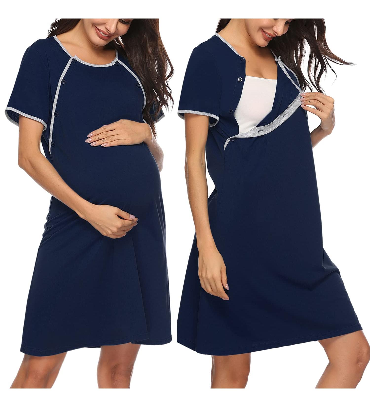 Sykooria Women's Maternity Nightdress | Nursing Nightgown | Short Sleeve Sleep Shirt for Pregnant Women - Navy Blue S - Buy Online on GoSupps.com