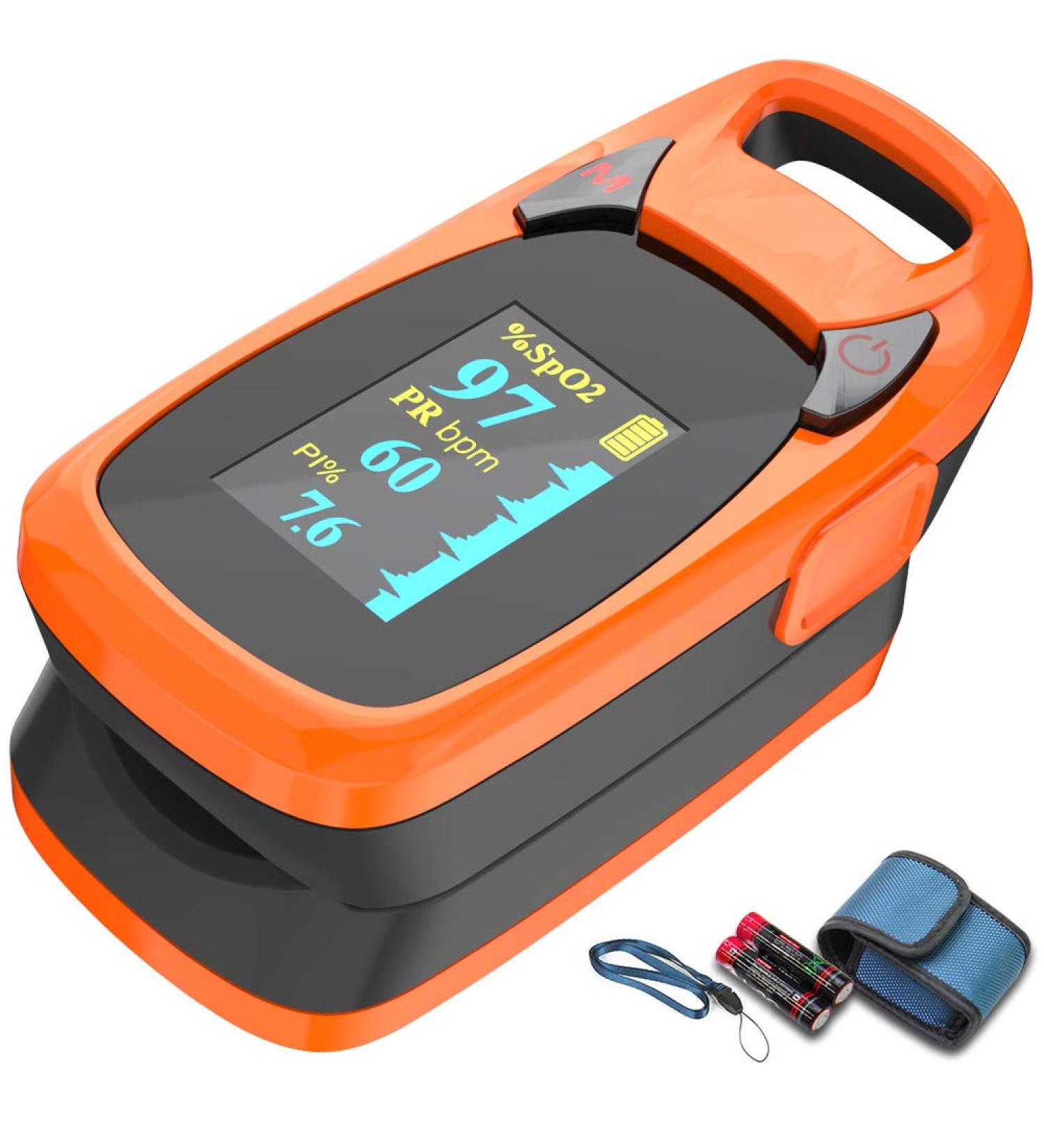 Fingertip Pulse Oximeter with Plethysmograph and Perfusion Index, Large OLED Display Blood Oxygen Saturation & Heart Rate Monitor - Carrying Case Included (Red-Orange) - Buy Online on GoSupps.com