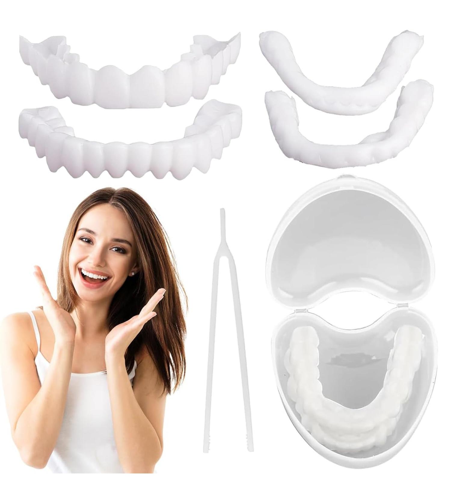 Brigtviee False Teeth 2 Pieces Clipin Veneer Teeth Instant Cosmetic Veneer Teeth Upper and Lower Set Temporary Smile Fake Teeth Comfort Fit Dentures for Covering Bad Teeth - Buy Online on GoSupps.com