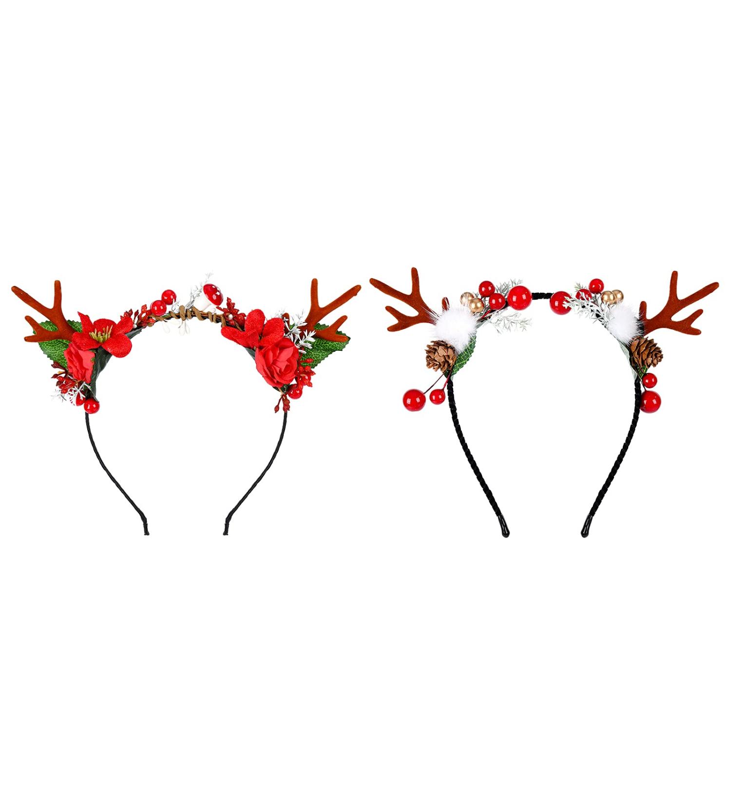 Christmas Flower Deer Headband 2 Styles Elk Antlers Deer Floral Pine Berry Wreath Hair Hoop Novelty Xmas Hair Accessories Festival Photo Props Costume for Women - Buy Online on GoSupps.com