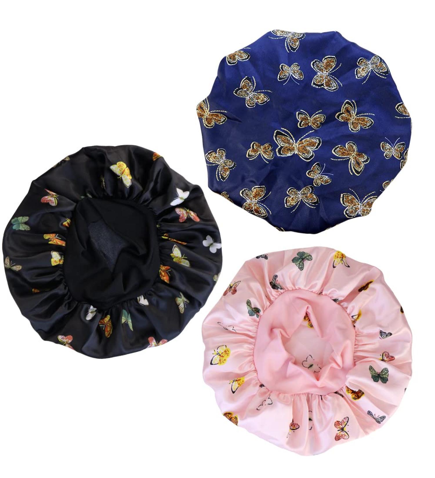 3-Piece Satin Silk Bonnet Set for Sleeping | Wide Elastic Band Night Cap for Women - Black - Buy Online on GoSupps.com