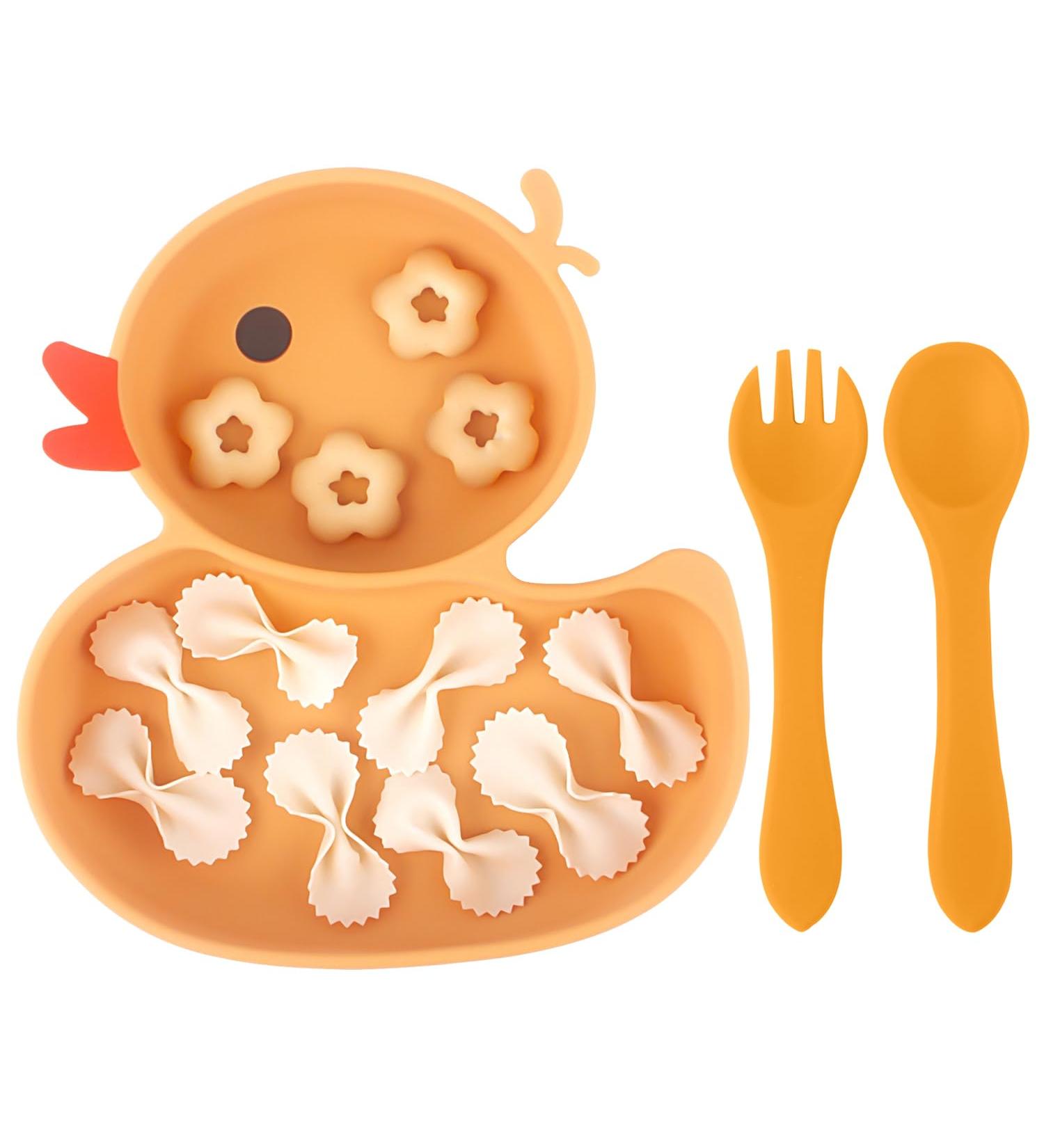 Qshare Baby Suction Plate with Spoon and Fork - Non Slip Silicone Plate for Self Feeding Training - Divided Weaning Plates for Baby Toddler (Yellow) - Buy Online on GoSupps.com