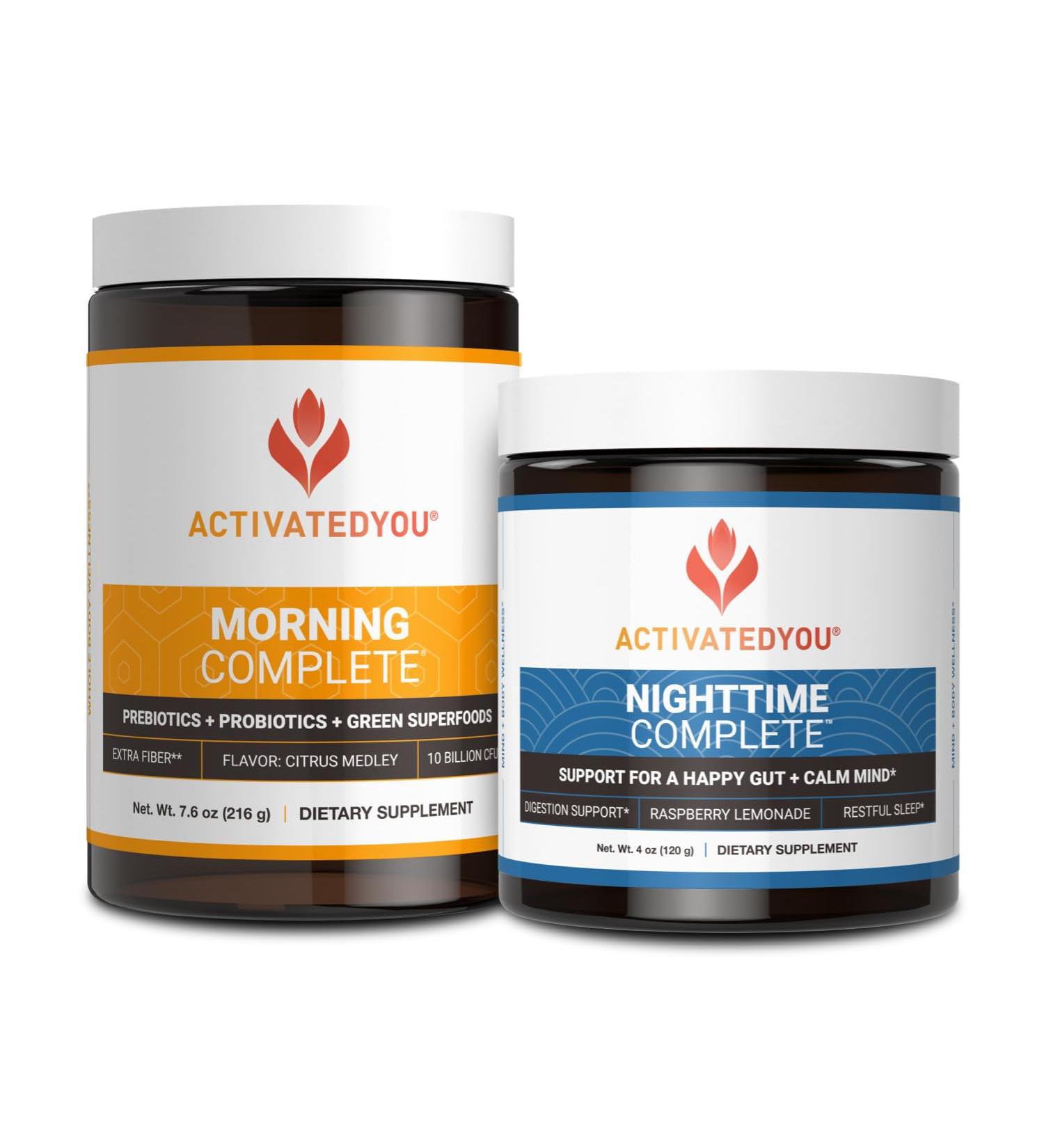 ACTIVATEDYOU Morning Complete Prebiotics, Probiotics, and Green Superfoods (Citrus Medley) & Nighttime Complete, Ashwaghanda (Raspberry Lemonade), 30 Servings - Buy Online on GoSupps.com