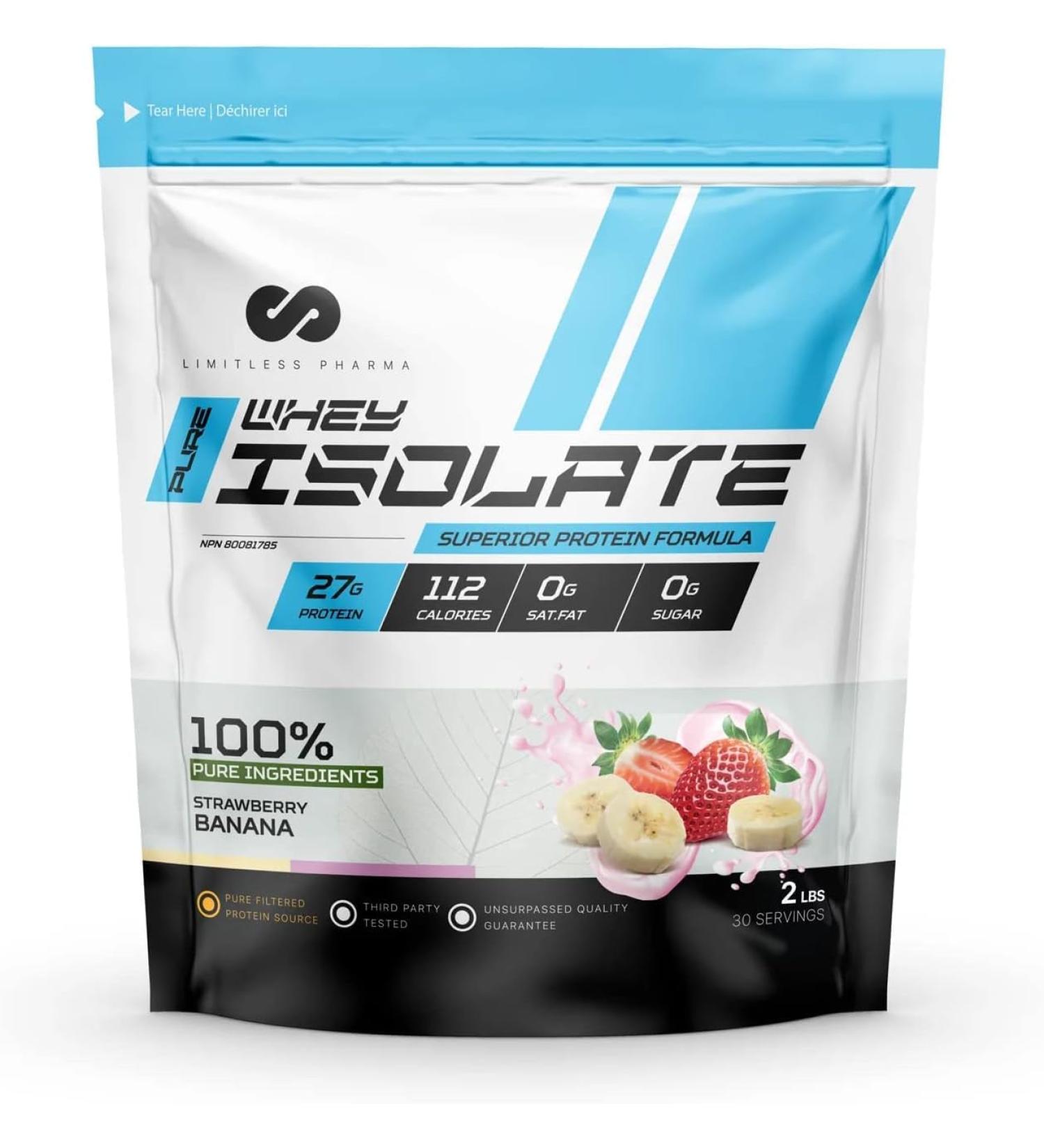 Limitless Pharma Pure Whey Isolate | High Protein Whey Isolate Protein Powder | 27g Protein 6g BCAAs Sugar Free Gluten Free Low Carb Low Lactose | 30 Servings 2LB (Strawberry Banana) Strawberry Banana 2LB - Buy Online on GoSupps.com