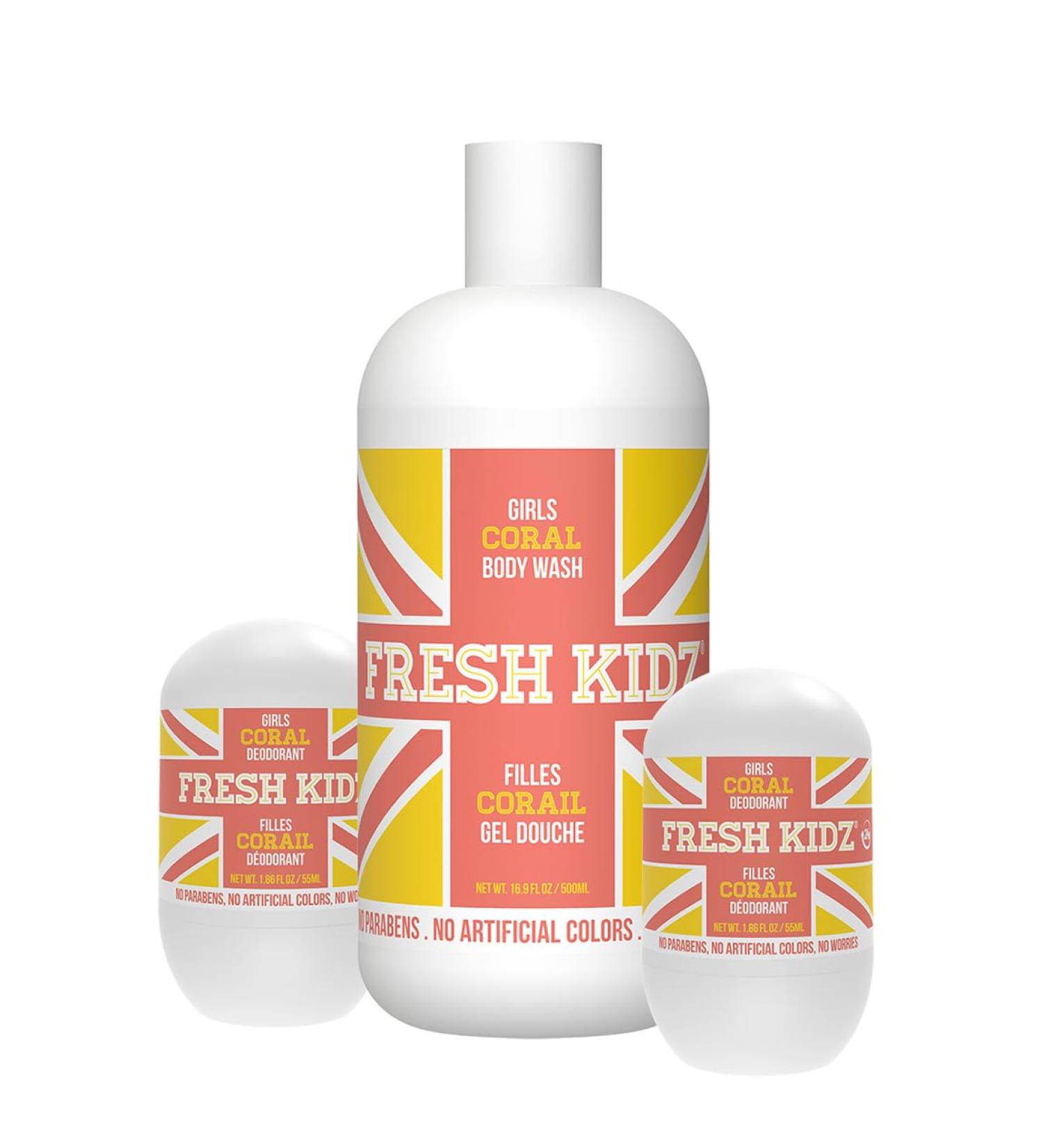 Fresh Kidz Body Wash 16.9 fl.oz. and 2 Roll-On Deodorants 1.86 fl.oz. for Kids and Teens - Girls Coral Set - Buy Online on GoSupps.com