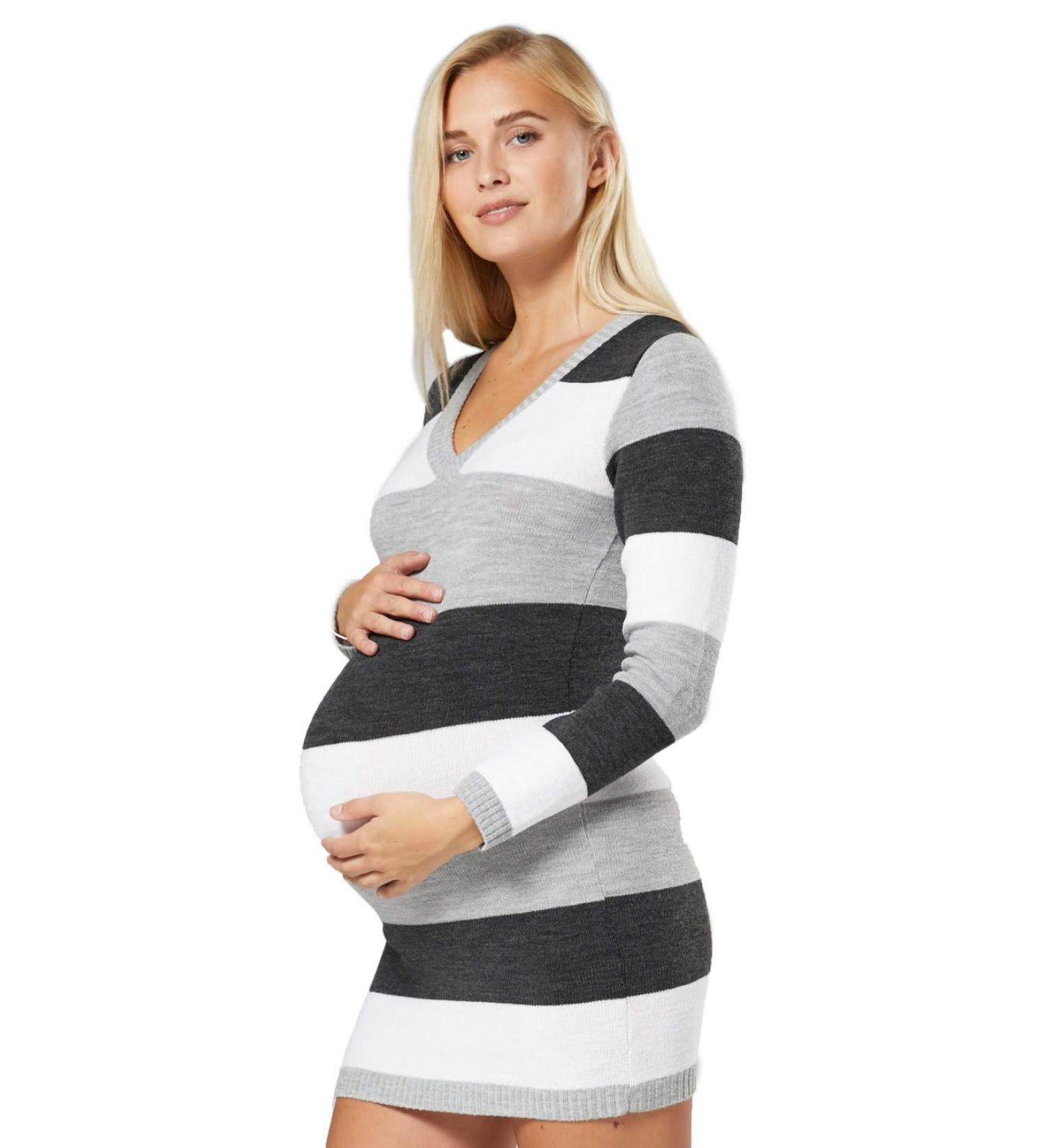 Zeta Ville Women's Maternity Stripes Knit Jumper Dress Tunic Top V-Neck 405c Graphite Melange (Size 12-14) - Buy Online on GoSupps.com