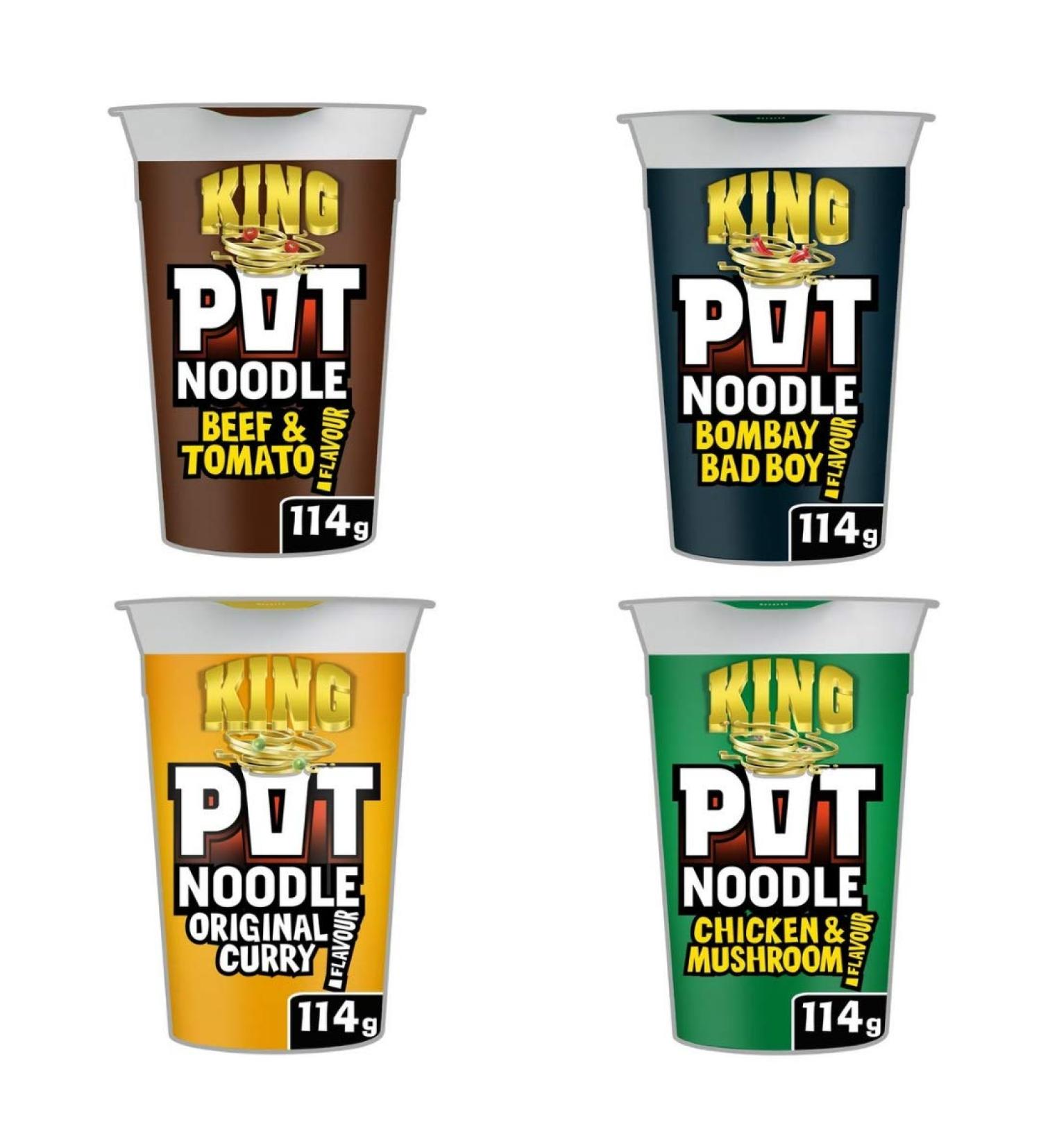  Pot Noodle Pot Noodle King Bundle | Chicken & Mushroom Pot 114g | Bombay Bad Boy 114g | Original Curry 114g | Beef & Tomato 114g | Total of 4 x 114g noodles - Buy Online on GoSupps.com