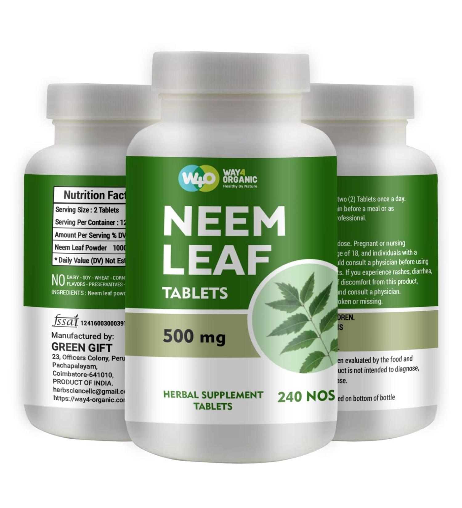 WAY 4 ORGANIC Neem Tablets - 100% Pure Azadirachta Indica - 240 Count (500mg) - 120 Days Supply - Buy Online on GoSupps.com