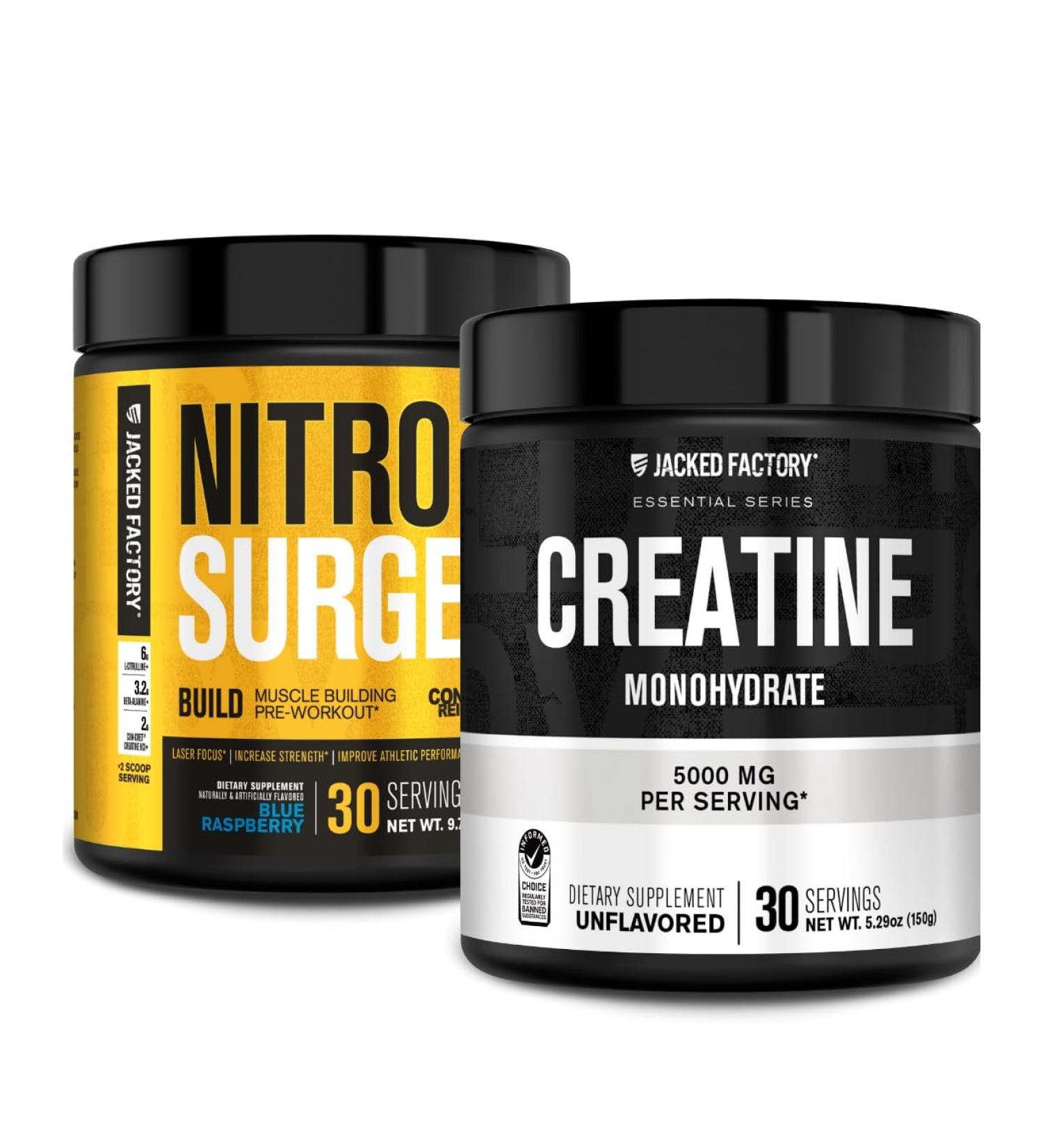 Jacked Factory Nitrosurge Build Pre Workout with Creatine for Muscle Building (30 Servings Blue Raspberry) & Creatine Monohydrate Powder for Muscle Growth & Recovery (30 Servings Unflavored) - Buy Online on GoSupps.com