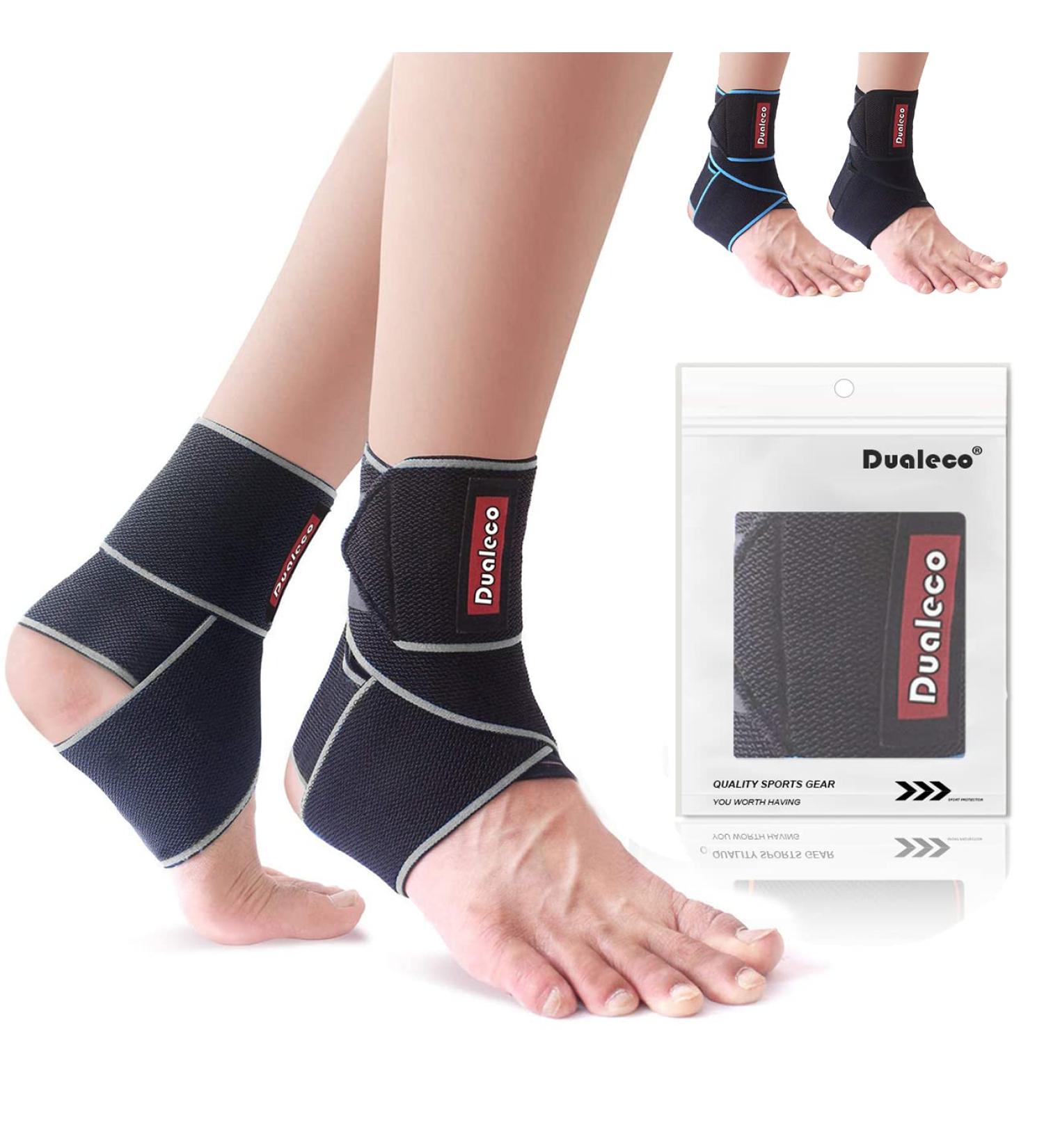 Dualeco Adjustable Ankle Support Brace - Compression Strap for Sprained Ankle, Ligament Damage, Achilles Tendon - Grey, 1 Pair - Buy Online on GoSupps.com