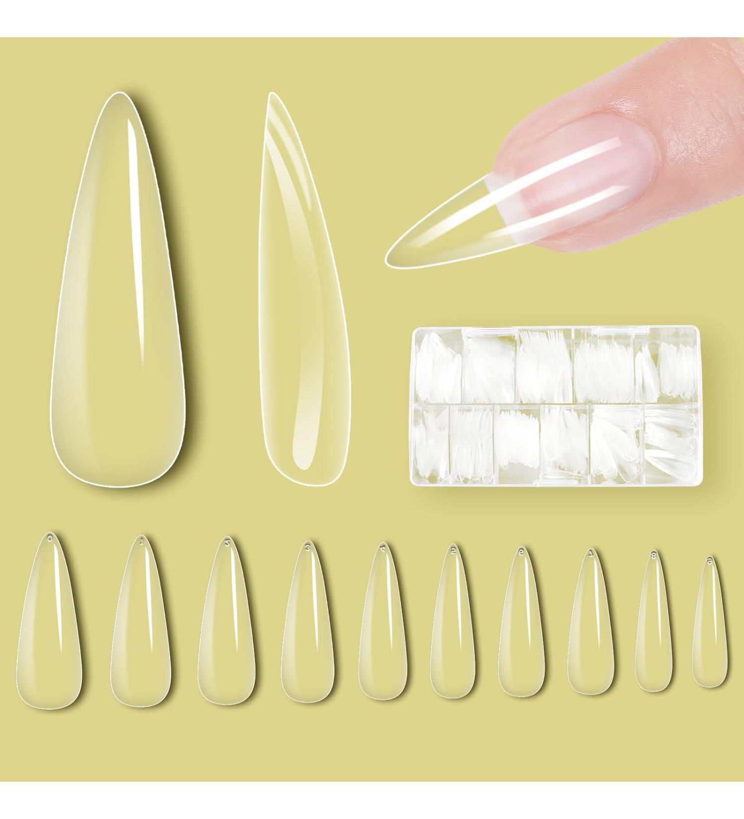500pcs Clear Stiletto Nail Tips - Professional Full Cover Acrylic Fake Nails for Salon and Home DIY - 10 Sizes Soft Gel Extension Tips with Box - Buy Online on GoSupps.com