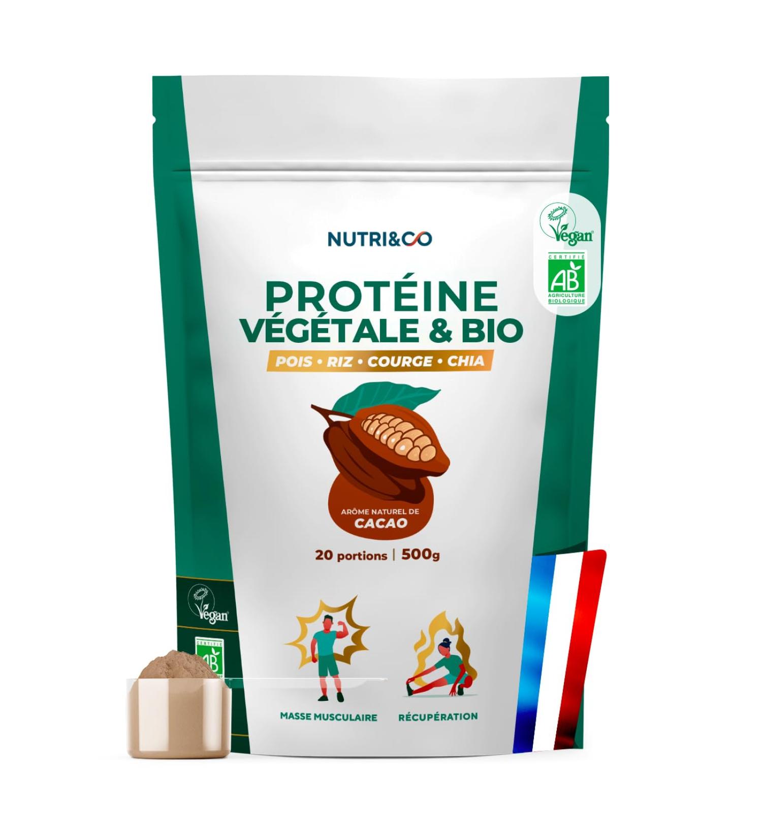 NUTRI & CO Prot ines Veg tales BIO - 4 Sources : Pois Riz Chia & Courge - Riche en BCAA - Vegan Protein 100% naturelle - Go t Naturel Cacao 500g - Sans dulcorant ni additif - Fabriqu en France 500 g (Lot de 1) - Buy Online on GoSupps.com