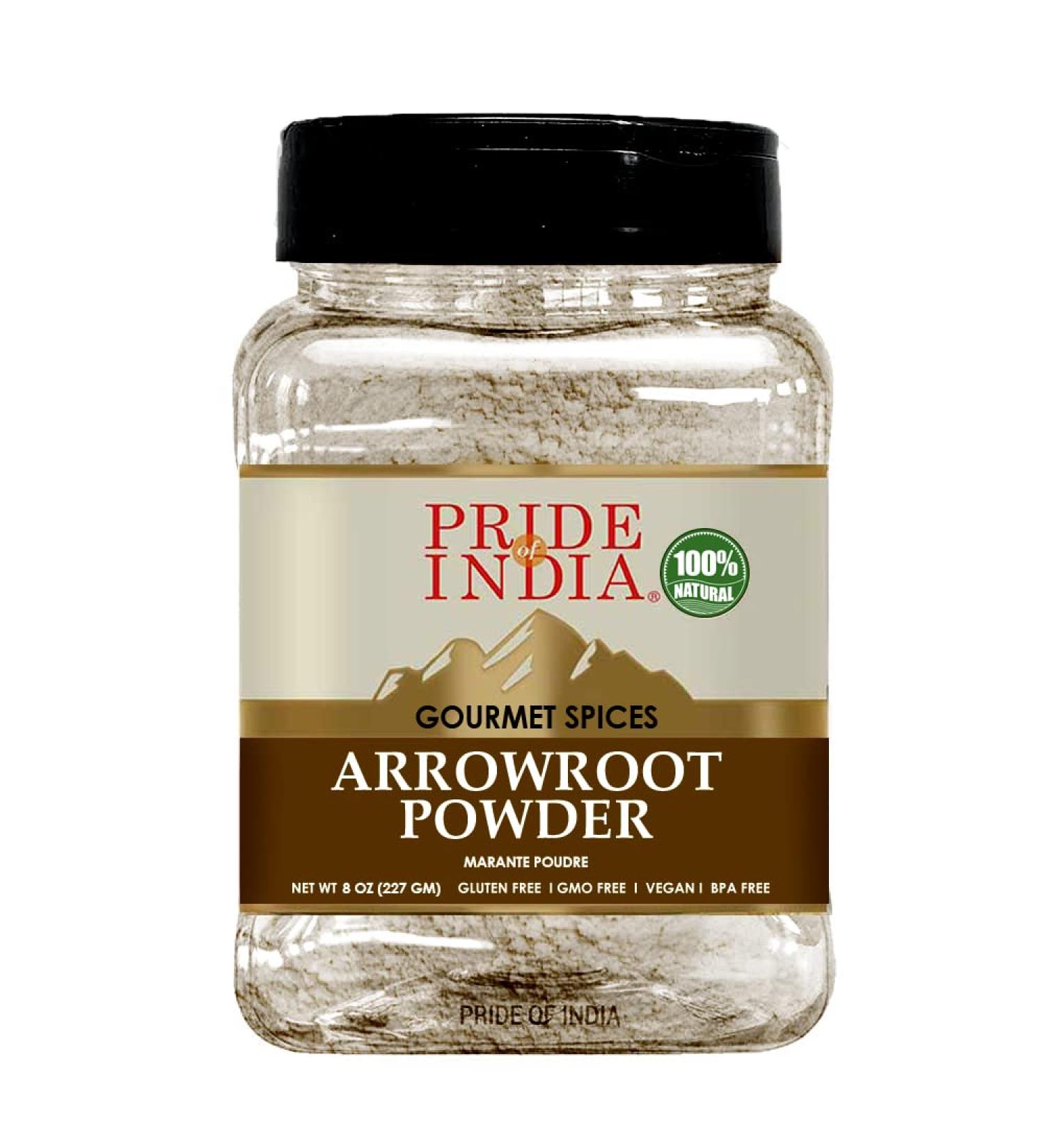 Pride of India Natural Arrowroot Ground Powder - 8 oz. Medium Dual Sifter Jar | Gluten & GMO Free Baking & Thickening Agent for Sauces, Fritters & Fries - Buy Online on GoSupps.com
