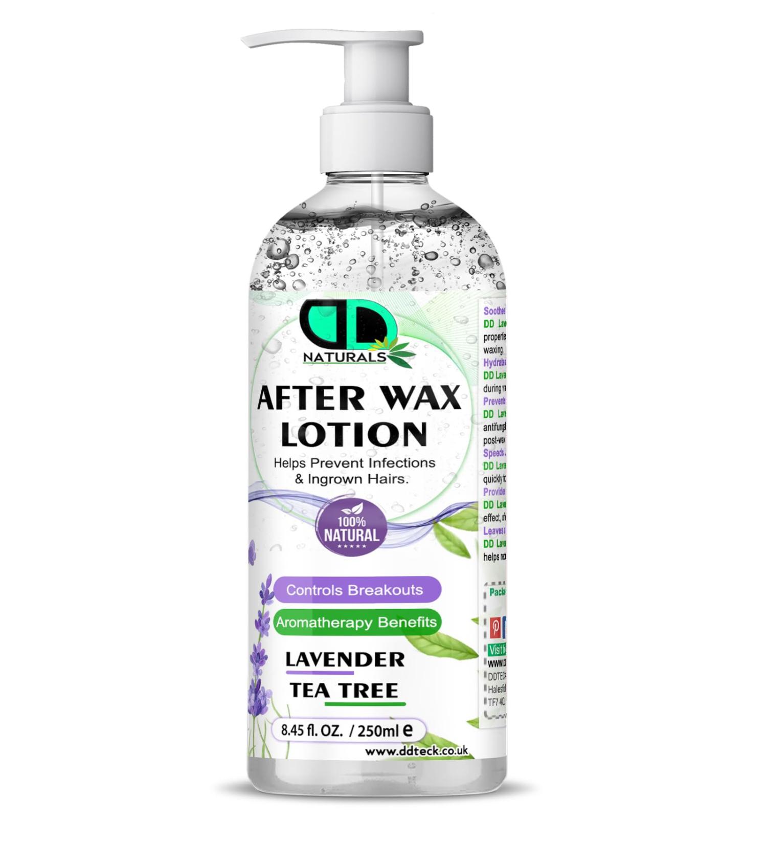 DD teck After-wax lotion with lavender and tea tree oil Soothes and calms the skin moisturizes and nourishes prevents ingrown hairs accelerates skin healing cooling sensation