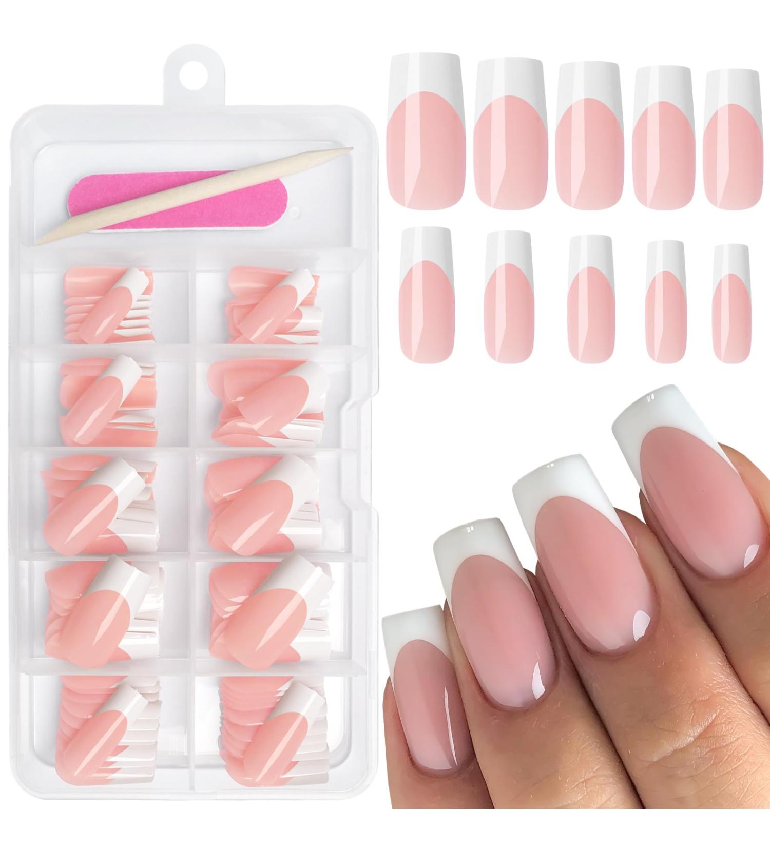 AddFavor 120pcs White French Tip Press on Nails - Medium Square Fake Nails for Women & Girls | Nude False Acrylic Nails with Adhesive Tabs - Buy Online on GoSupps.com