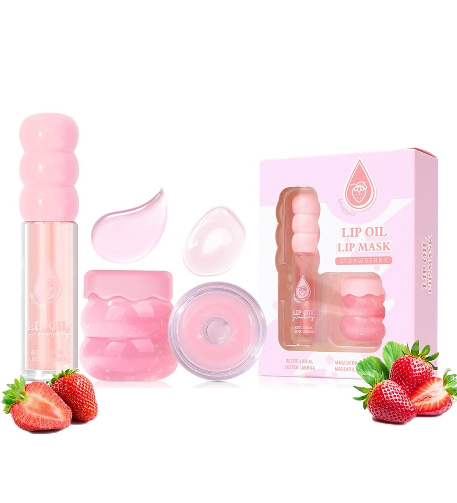 Lip Mask & Lip Gloss Set Intensive Hydrating Strawberry Lips Care Set for Dry Chapped Flaky Lips Overnight Repair Care with Moisturizing Smoothing & Softening Sweet Scented Gift for Women Girls 2 Pcs - Buy Online on GoSupps.com