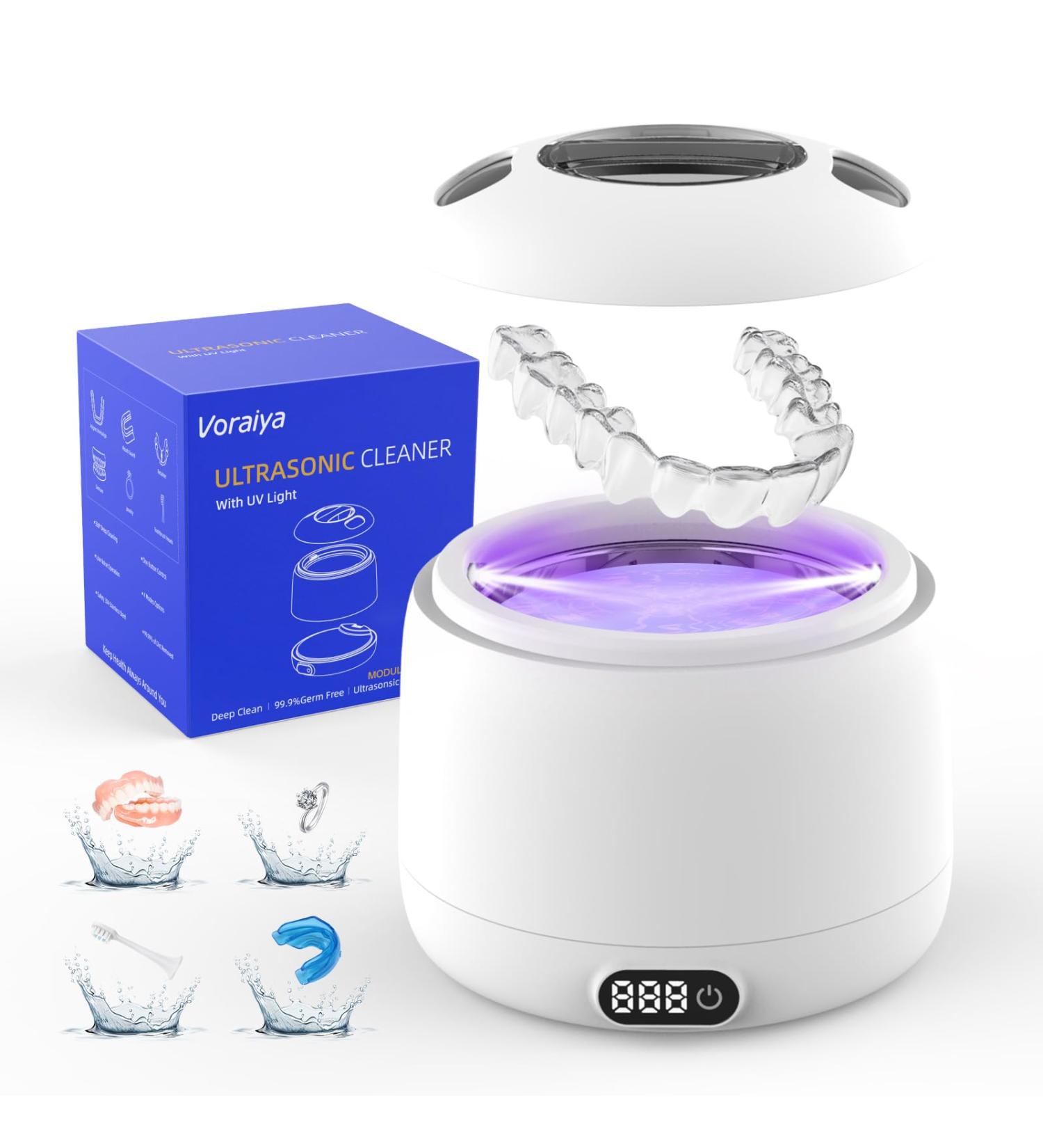 Voraiya Nettoyeur Ultrasons Dentaire IPX7 Etanche Ultrasonic Cleaner Base & Dental Pod Amovible Nettoyant Ultrason avec 2 UV Lampes pour Proth ses Dentaires Goutti re Dentaire Retainer Bijoux Divis Blanc - Buy Online on GoSupps.com