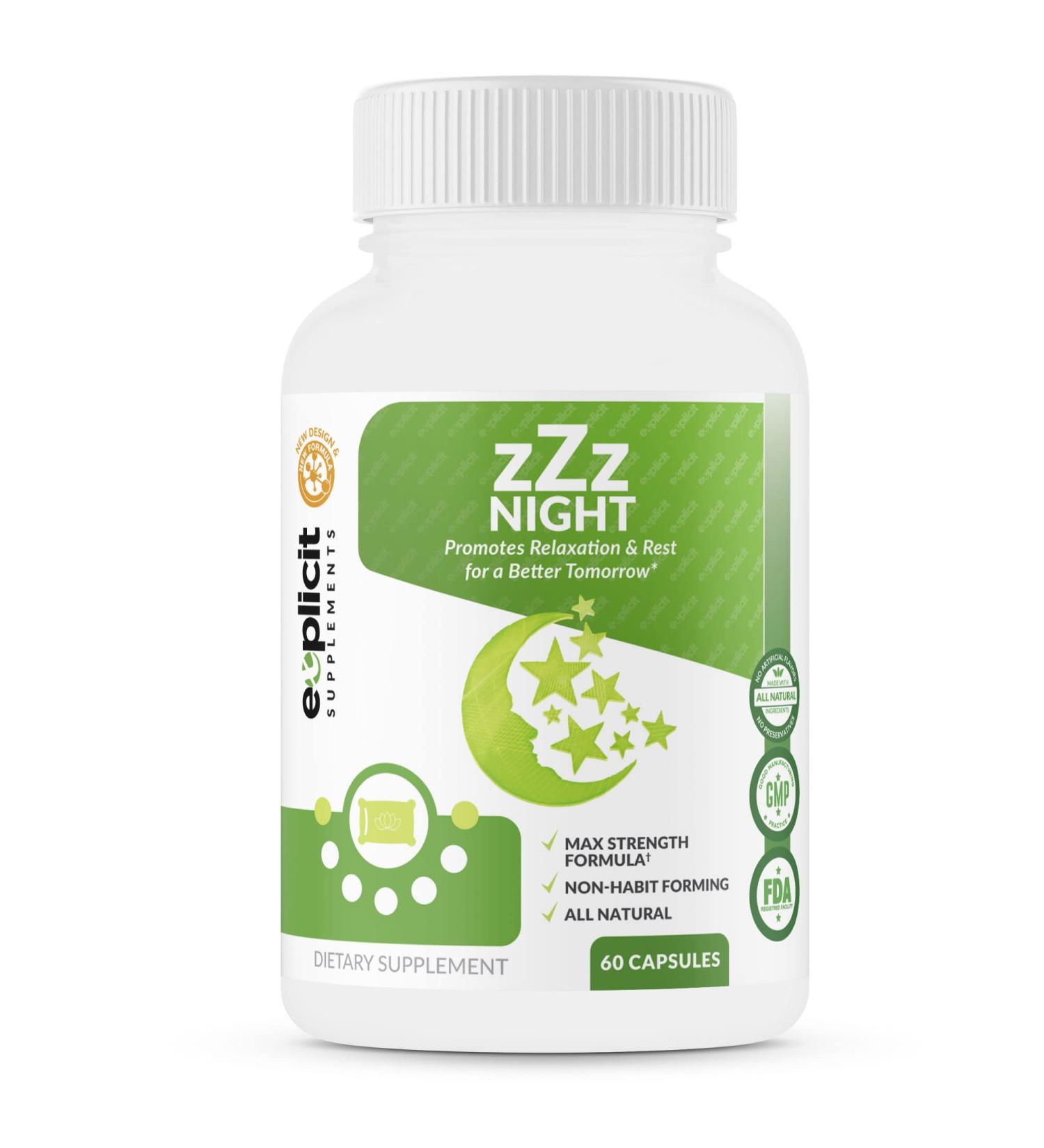 zZz Night Natural Sleep Aid - Non-Habit Forming with Melatonin Valerian Chamomile and More - Promotes Relaxation and Rest - 60 Capsules - Buy Online on GoSupps.com