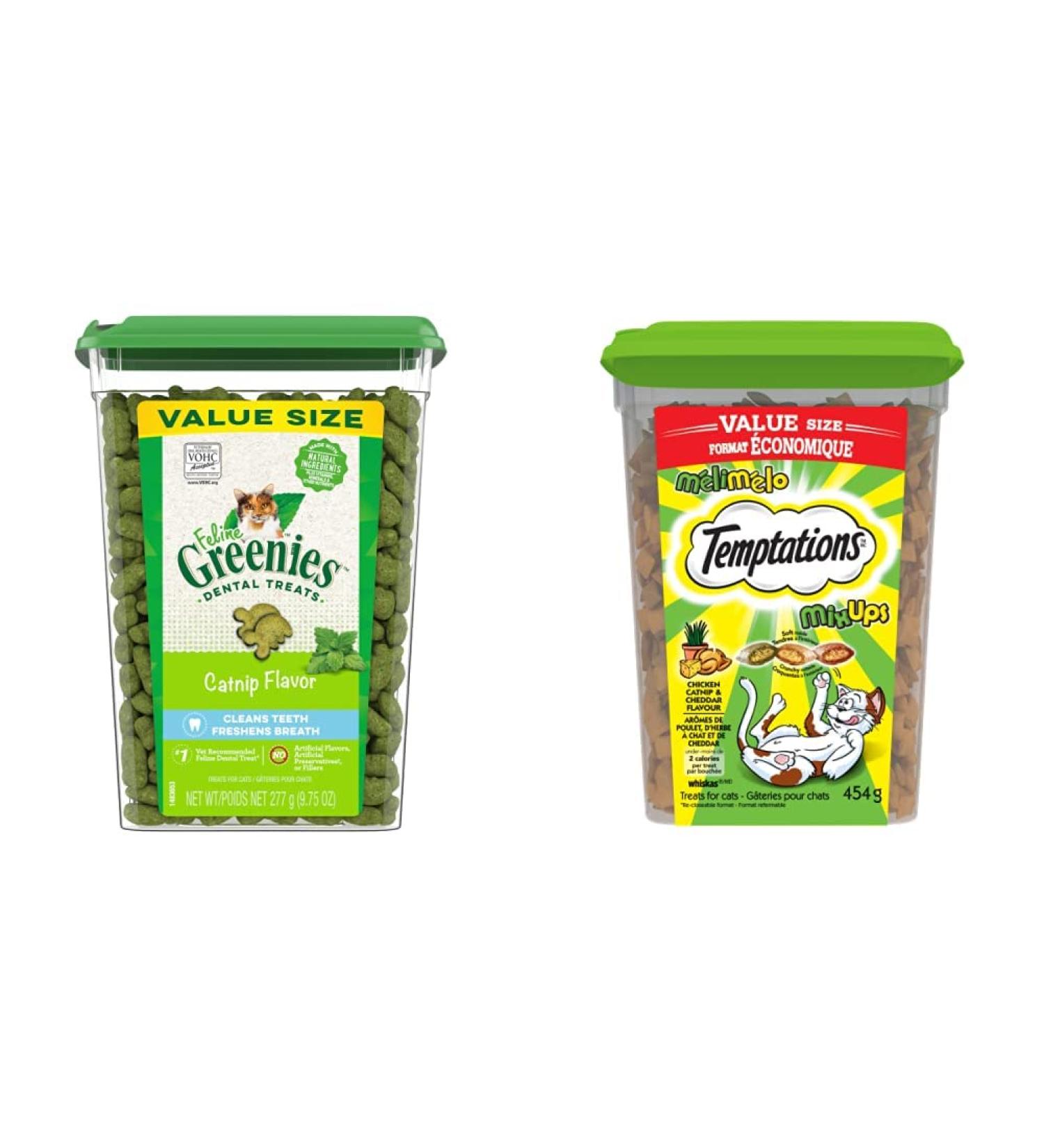 FELINE GREENIES Natural Dental Cat Treats (Catnip Flavour) + TEMPTATIONS MixUps Adult Cat Treats (Chicken Catnip & Cheddar Flavour) Cat Treats + Cat Treats Catnip 277 g (Pack of 1)
