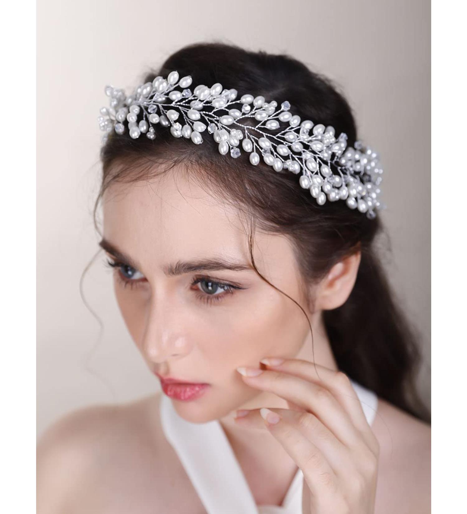 Chargances Bridal Long Pearl Hair Vine Wedding Silver Rhinestone Headband Fashion Bride Crystal Hair Vine Wedding Prom Flower Girl Hair Accessories for Women and Girls (Silver) - Buy Online on GoSupps.com